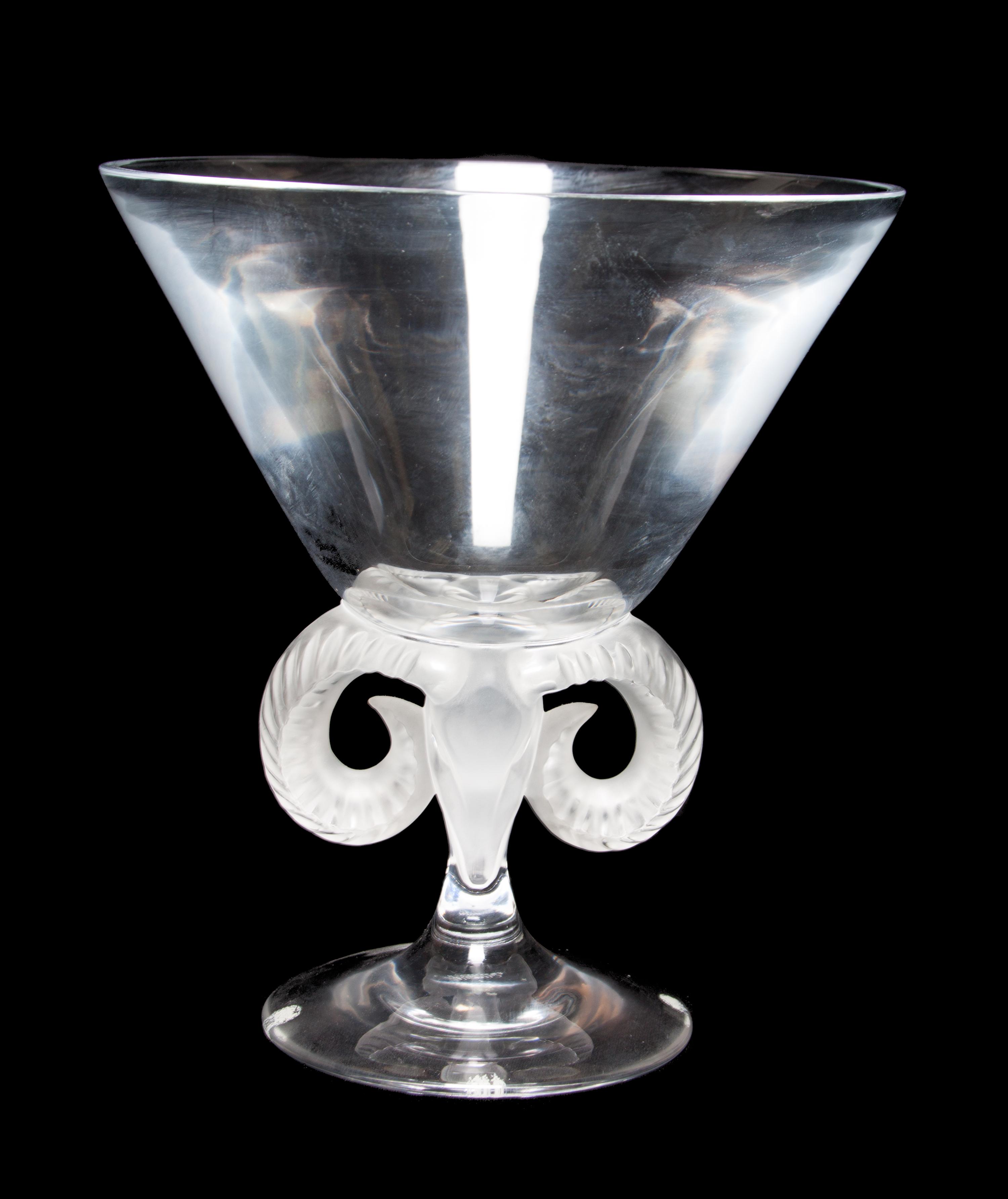 A Lalique Molded and Frosted Glass Compote Height 8 5/8 inches.