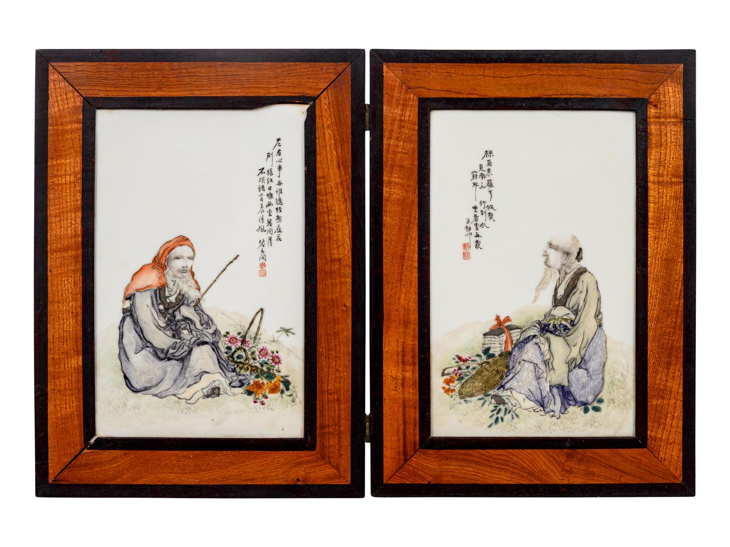 A Set of Four Famille Rose Porcelain Inset Wood Panels
