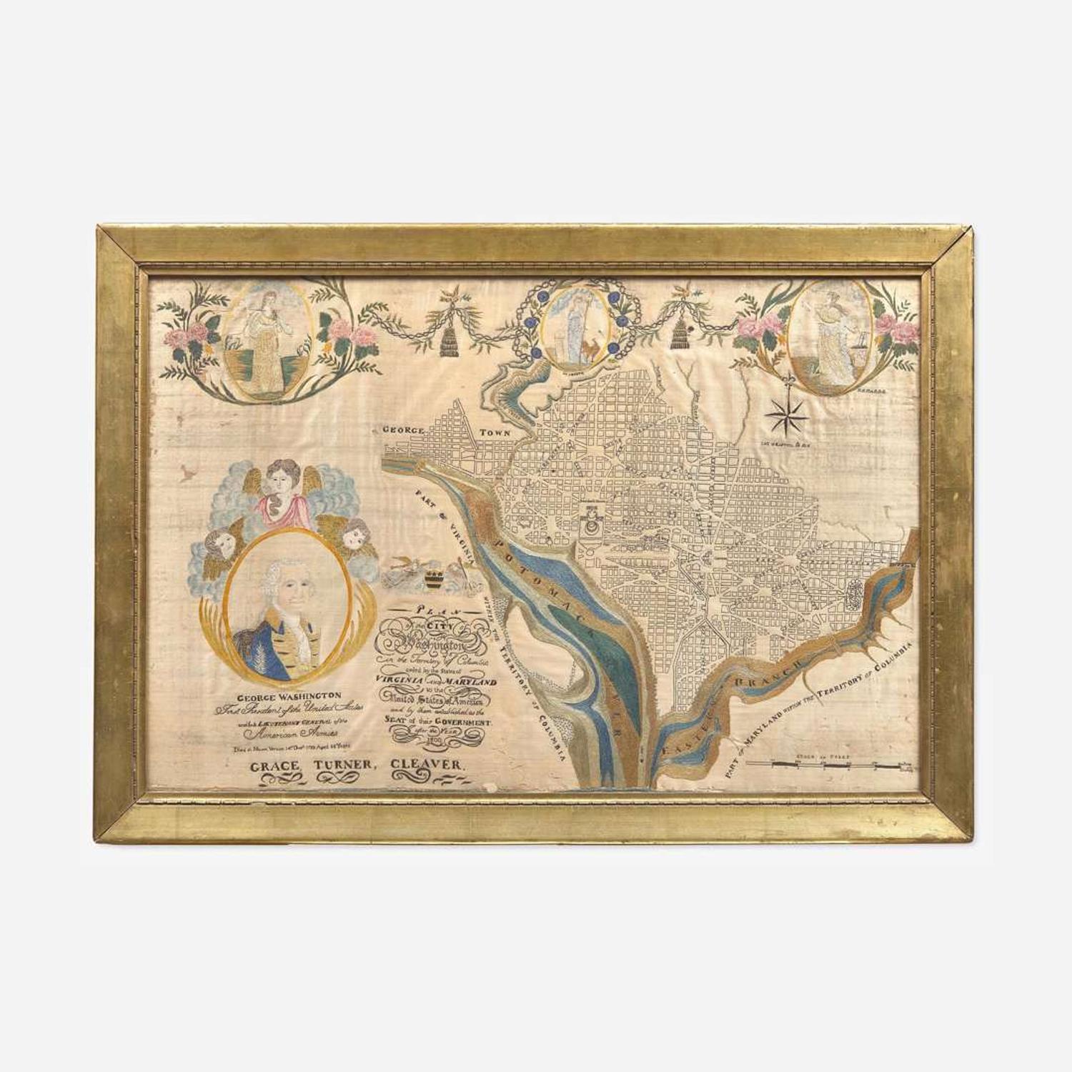 A rare embroidered and painted "Plan of the City of Washington" Worked by Grace Turner Cleaver (1786-1862), Alexandria, VA, circa 1802