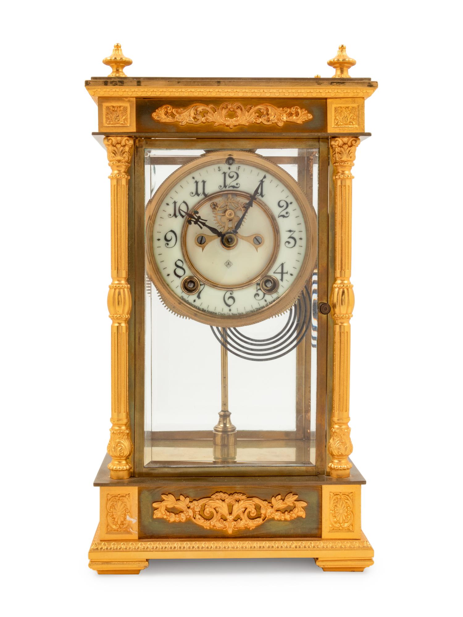 An Ansonia Earl Gilt Metal and Crystal Regulator Clock