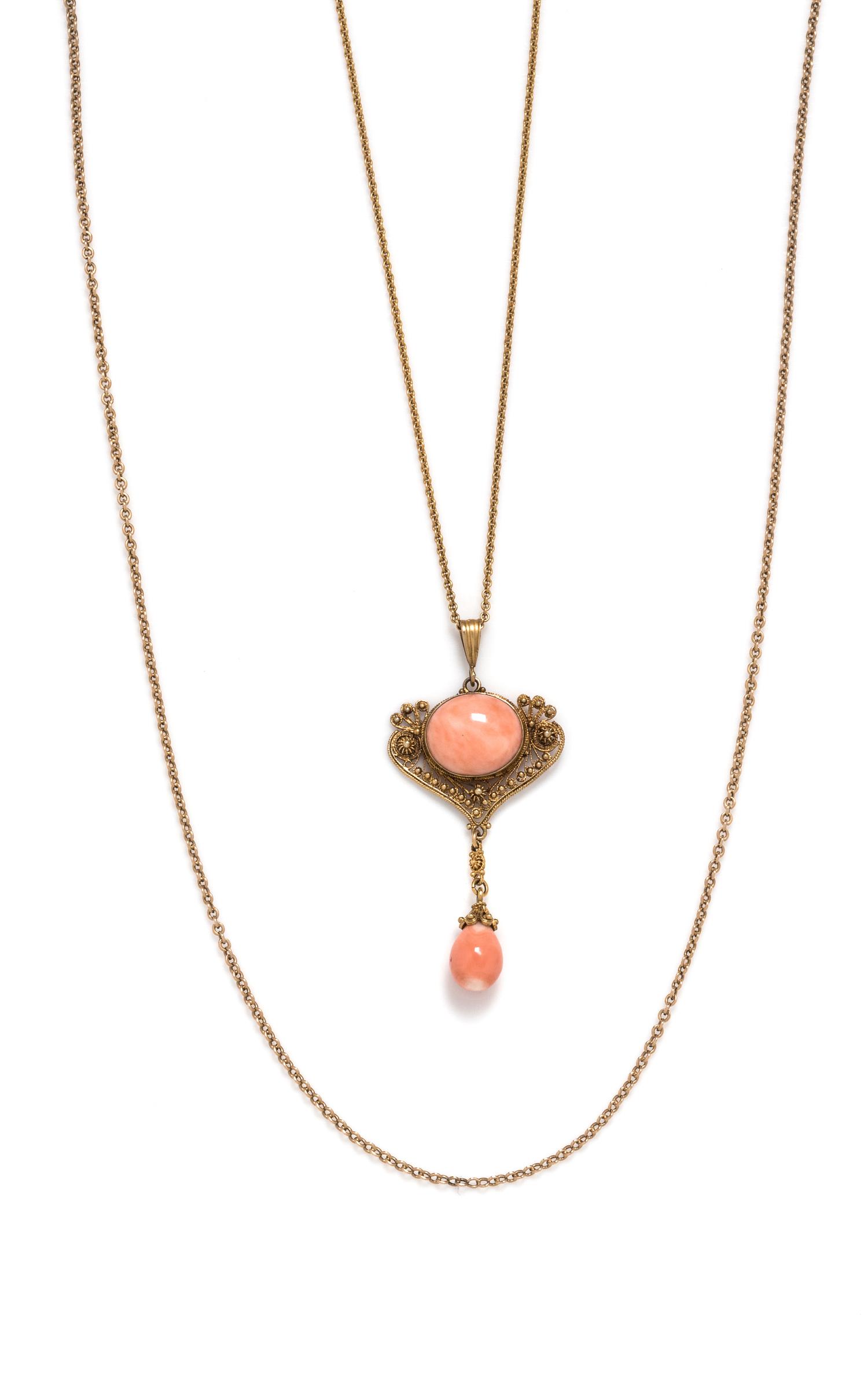An Art Nouveau 14 Karat Yellow Gold and Coral Pendant Necklace,