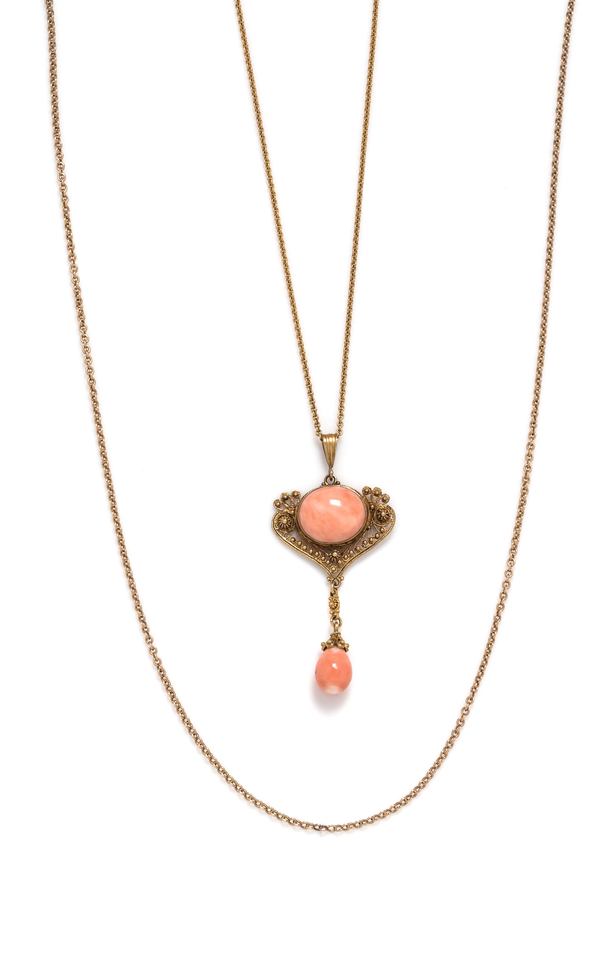 An Art Nouveau 14 Karat Yellow Gold and Coral Pendant Necklace,