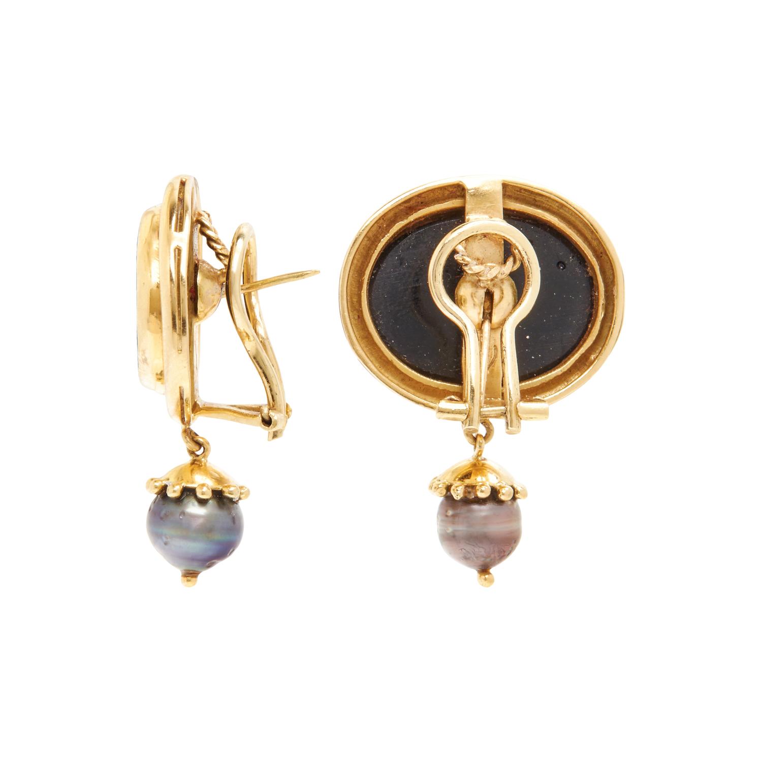 ELIZABETH LOCKE, BLACK GLASS CAMEO AND CULTURED PEARL CLIP EARRINGS