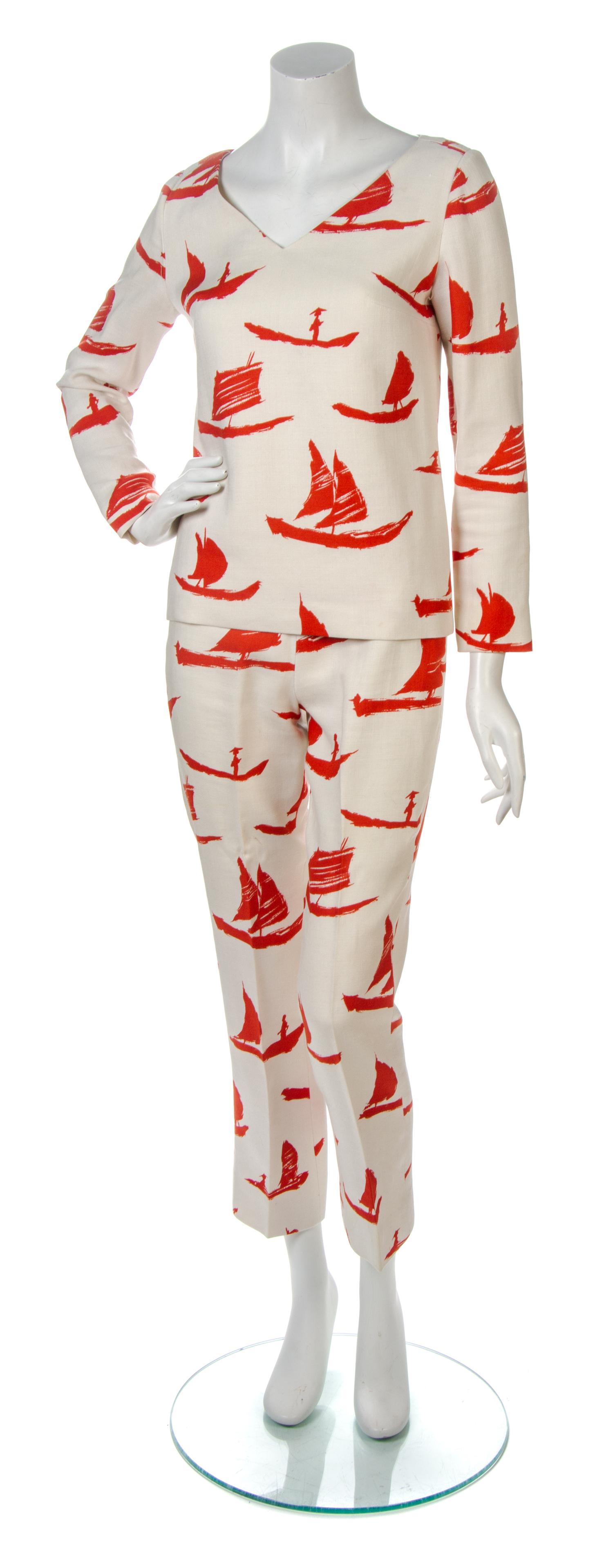 A B. H. Wraggage Ivory and Red Sailboat Pant Ensemble,