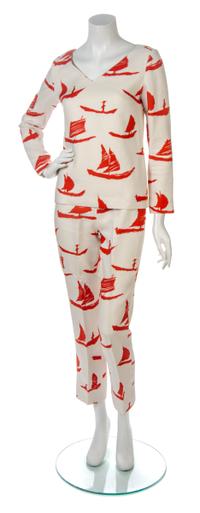 A B. H. Wraggage Ivory and Red Sailboat Pant Ensemble,