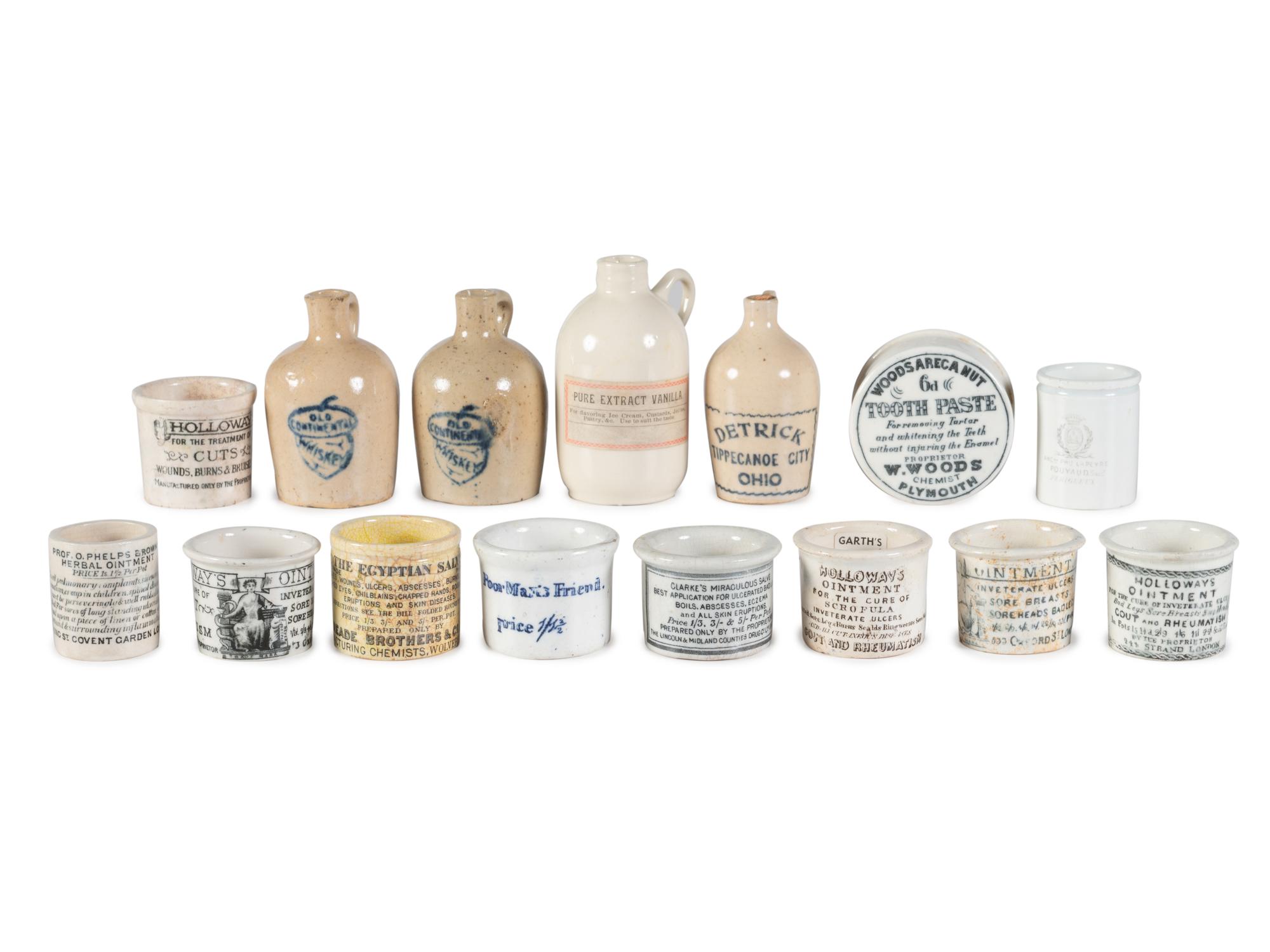 A Group of Miniature Advertising Stoneware and Porcelain Jugs and Cups for Medicine and Alcohol
