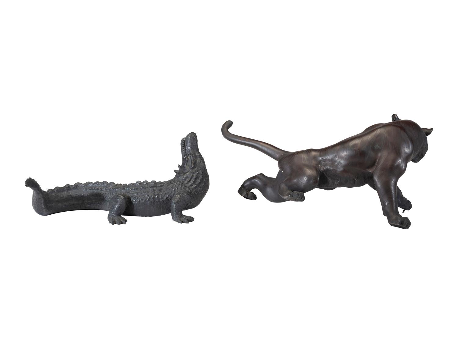 A Japanese Meiji Bronze Tiger and Alligator Sculptural Group
