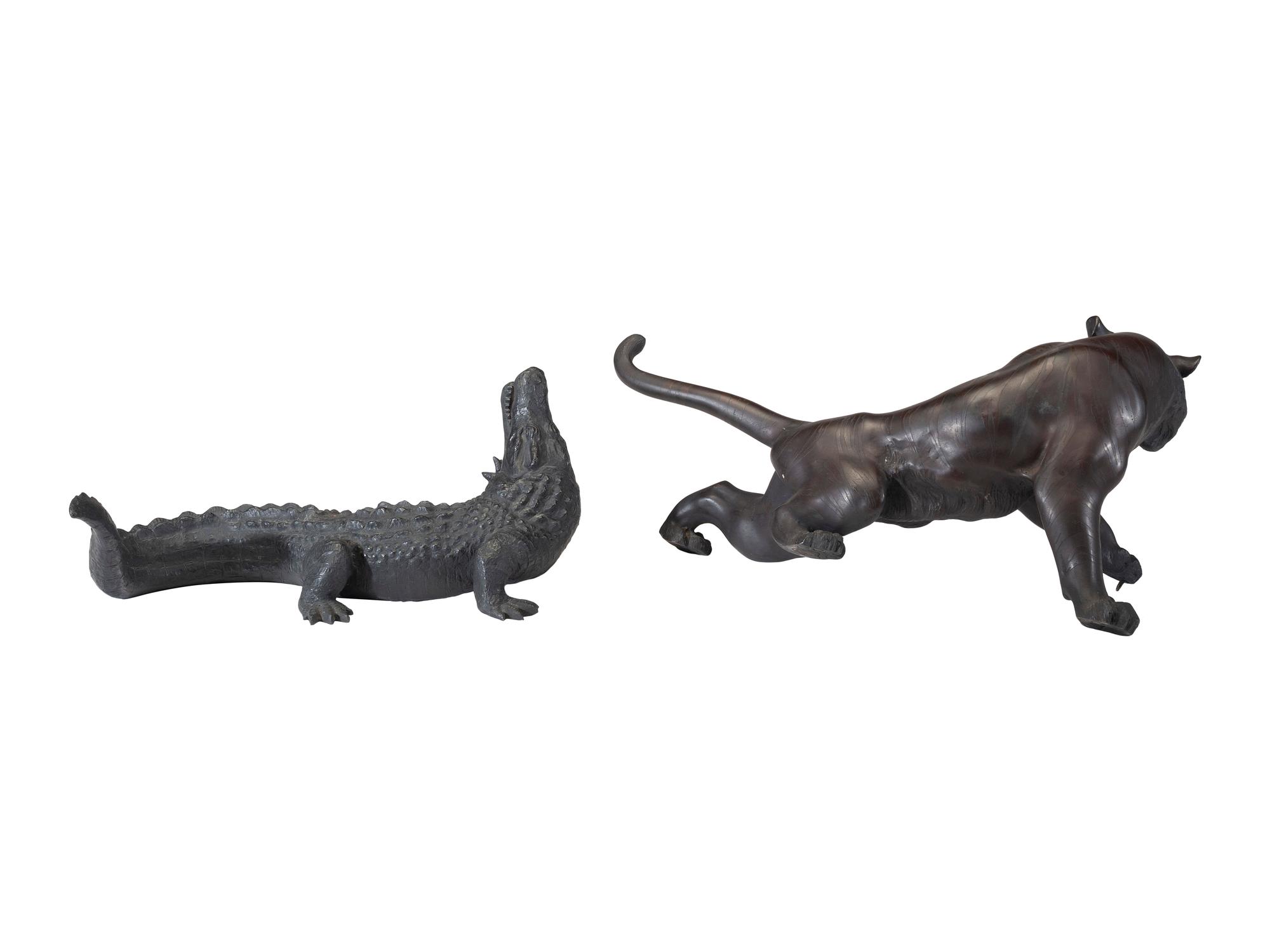 A Japanese Meiji Bronze Tiger and Alligator Sculptural Group
