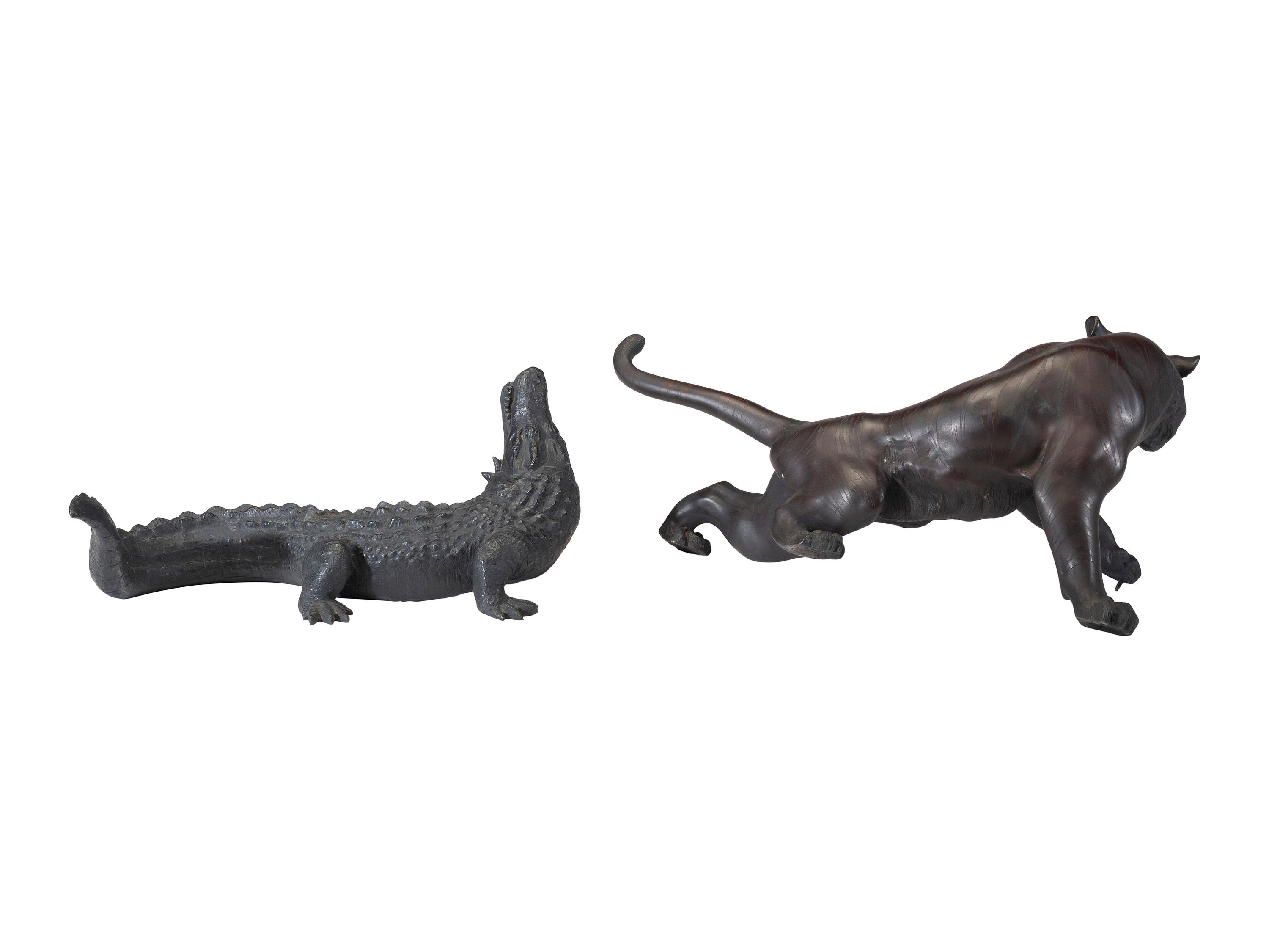 A Japanese Meiji Bronze Tiger and Alligator Sculptural Group
