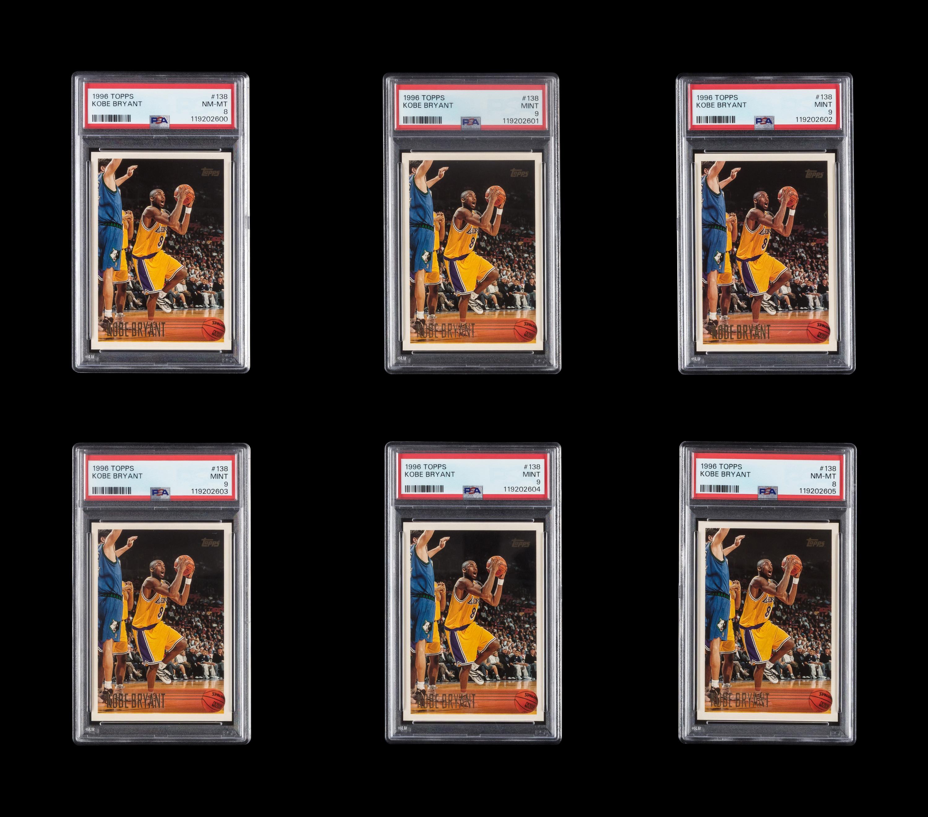 A Collection of Six PSA Graded 1996 Topps Kobe Bryant Rookie Basketball Cards No. 138 (Four PSA 9 MINT and Two PSA 8 NM-MT)
