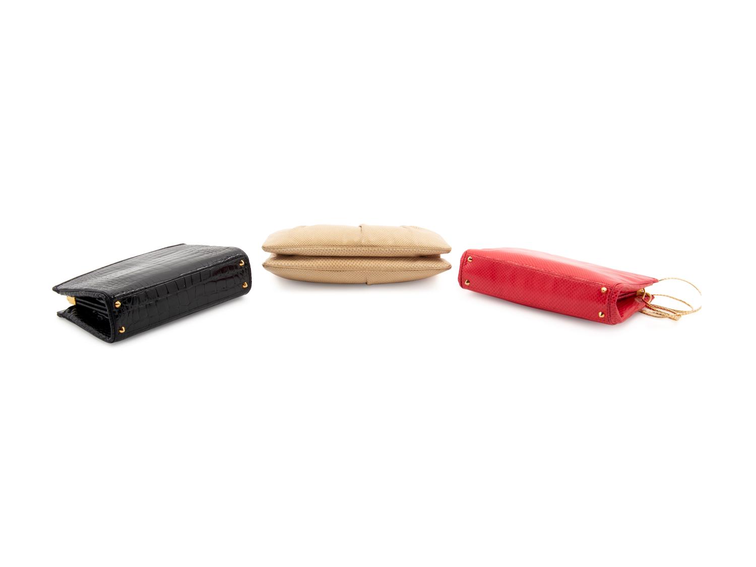 Three Judith Leiber Frame Bags; Two Karung, One Crocodile