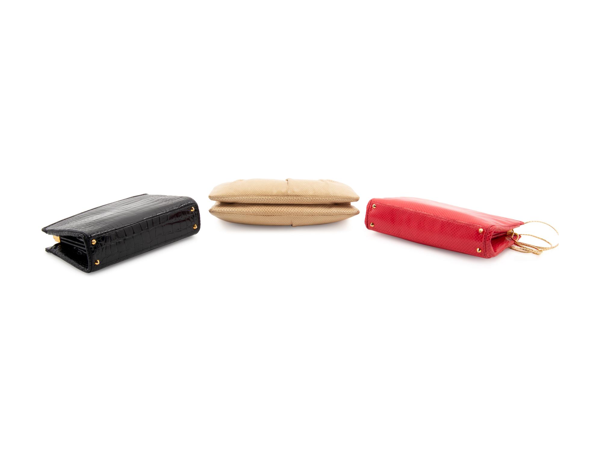 Three Judith Leiber Frame Bags; Two Karung, One Crocodile