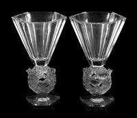 A Pair of Lalique Mesanges Vases