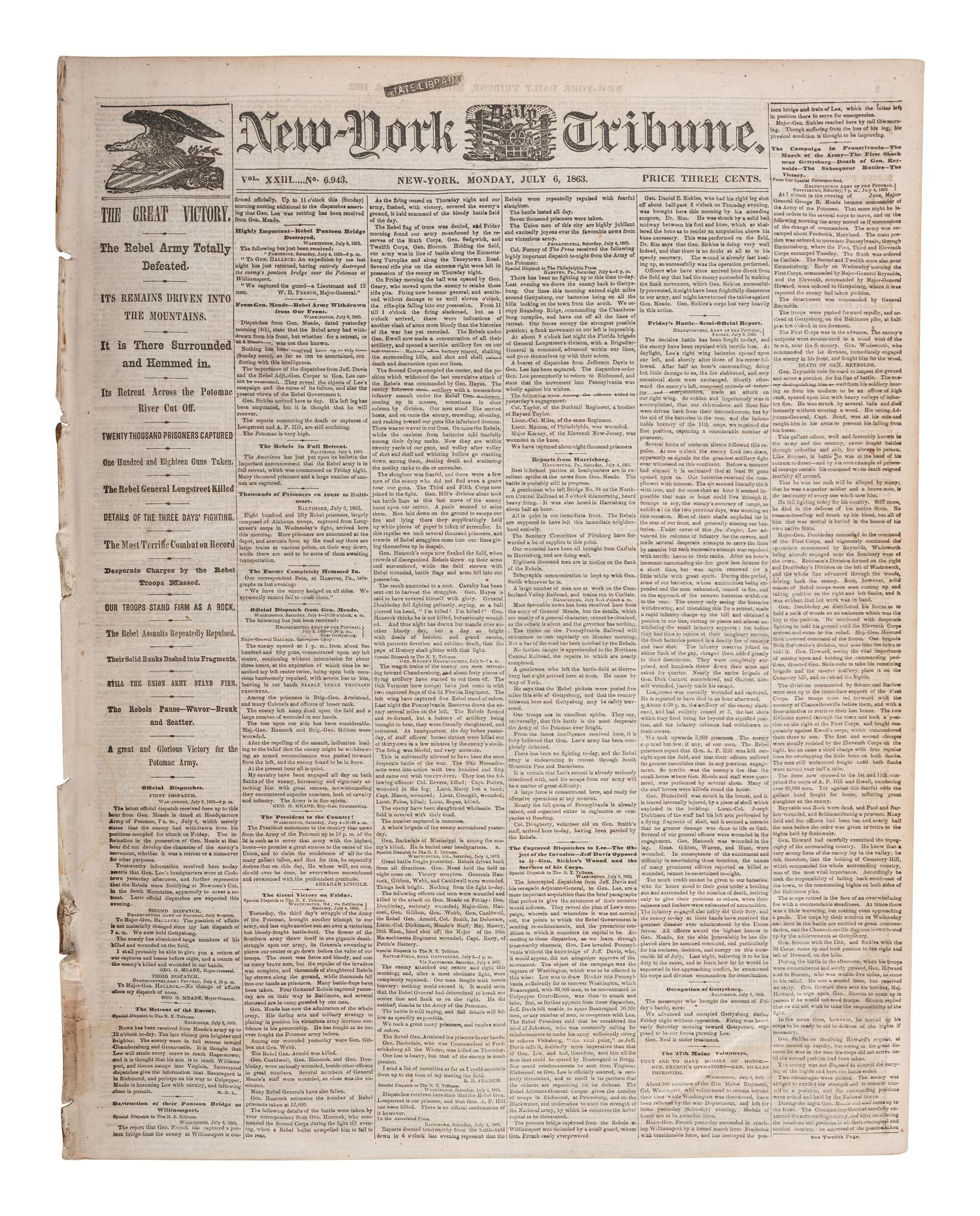 [CIVIL WAR - BATTLE OF GETTYSBURG]. The New York Daily Tribune. Vol. XXIII, No. 6,943. New York: 6 July 1863.