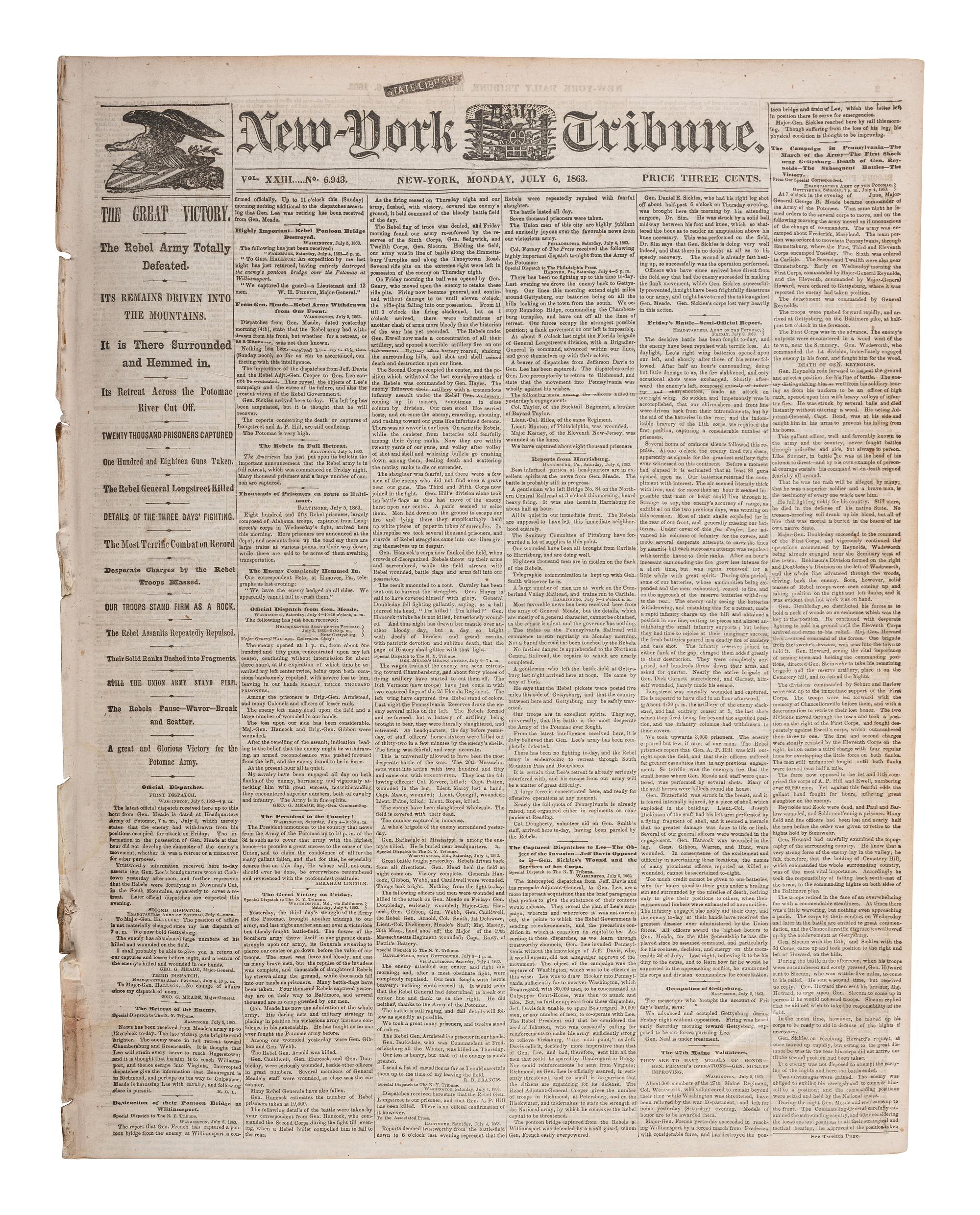 [CIVIL WAR - BATTLE OF GETTYSBURG]. The New York Daily Tribune. Vol. XXIII, No. 6,943. New York: 6 July 1863.