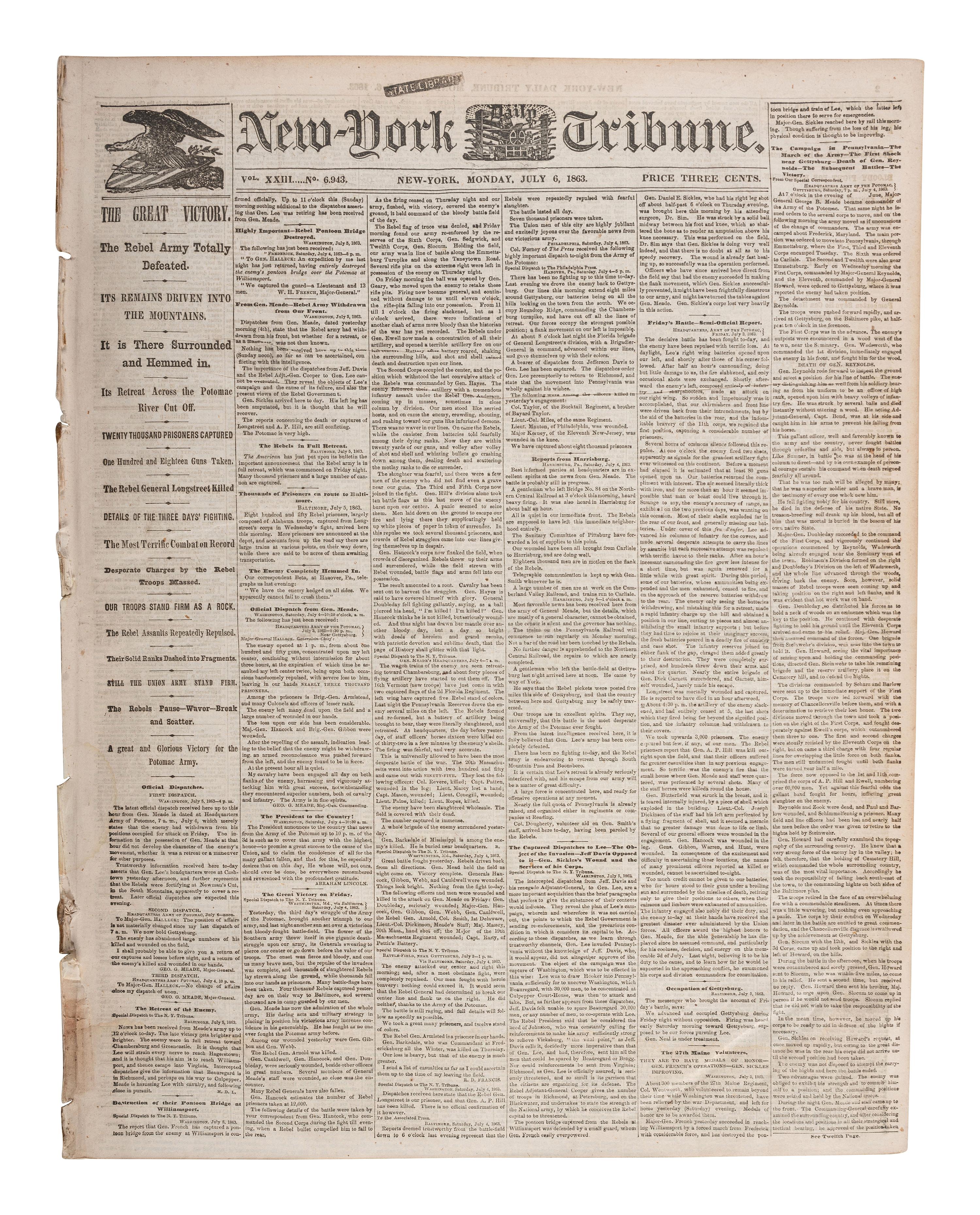 [CIVIL WAR - BATTLE OF GETTYSBURG]. The New York Daily Tribune. Vol. XXIII, No. 6,943. New York: 6 July 1863.