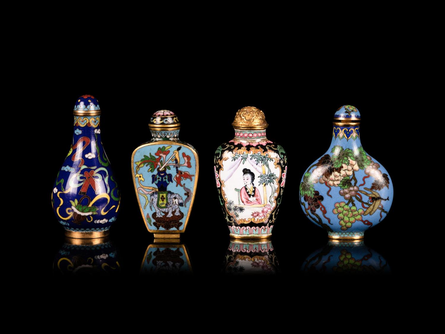 Four Chinese Cloisonne and Painted Enamel Snuff Bottles