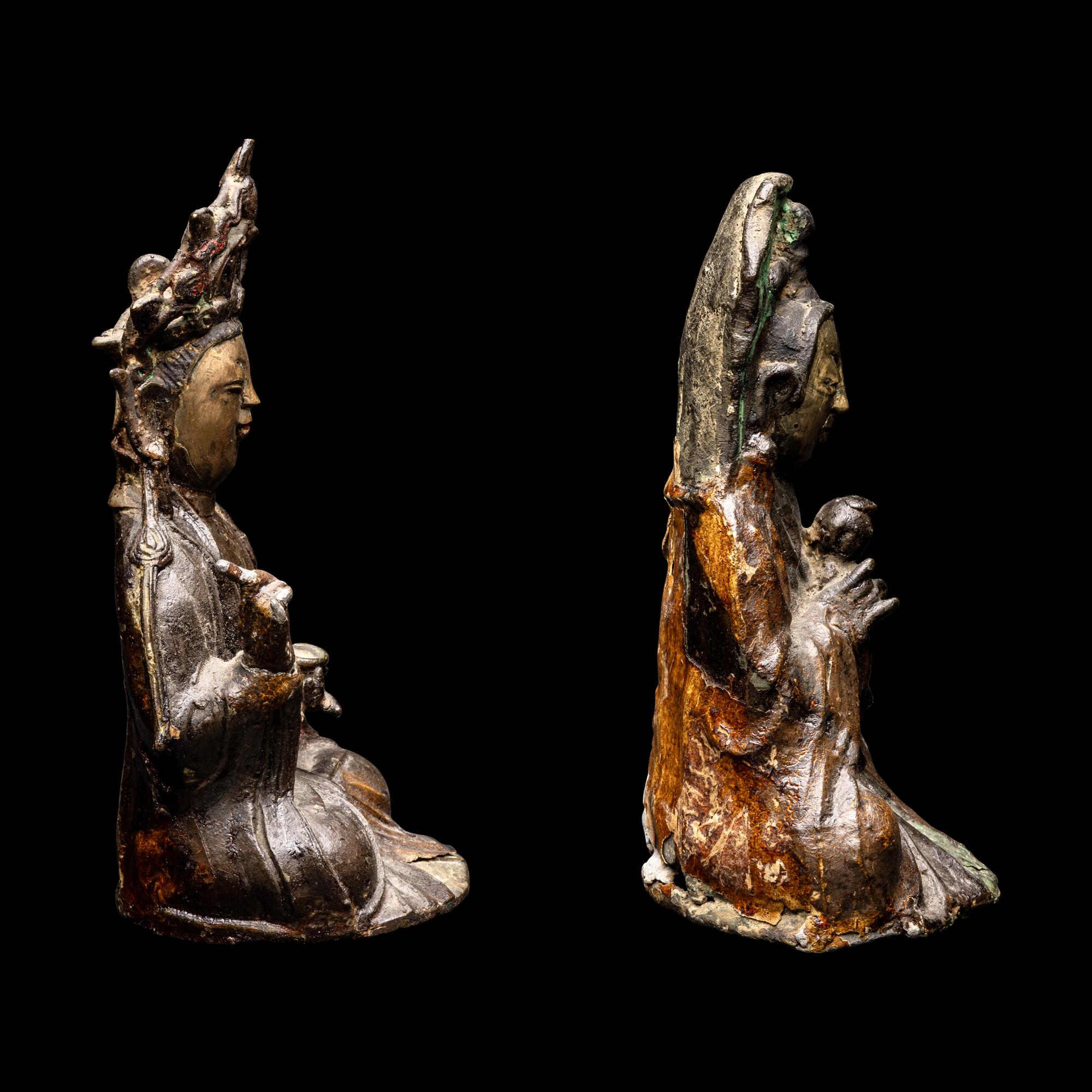 Two Chinese Parcel Gilt Bronze Figures of Guanyin