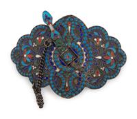 A Russian Enameled Silver Box, Two Buckles and a Scent Flask