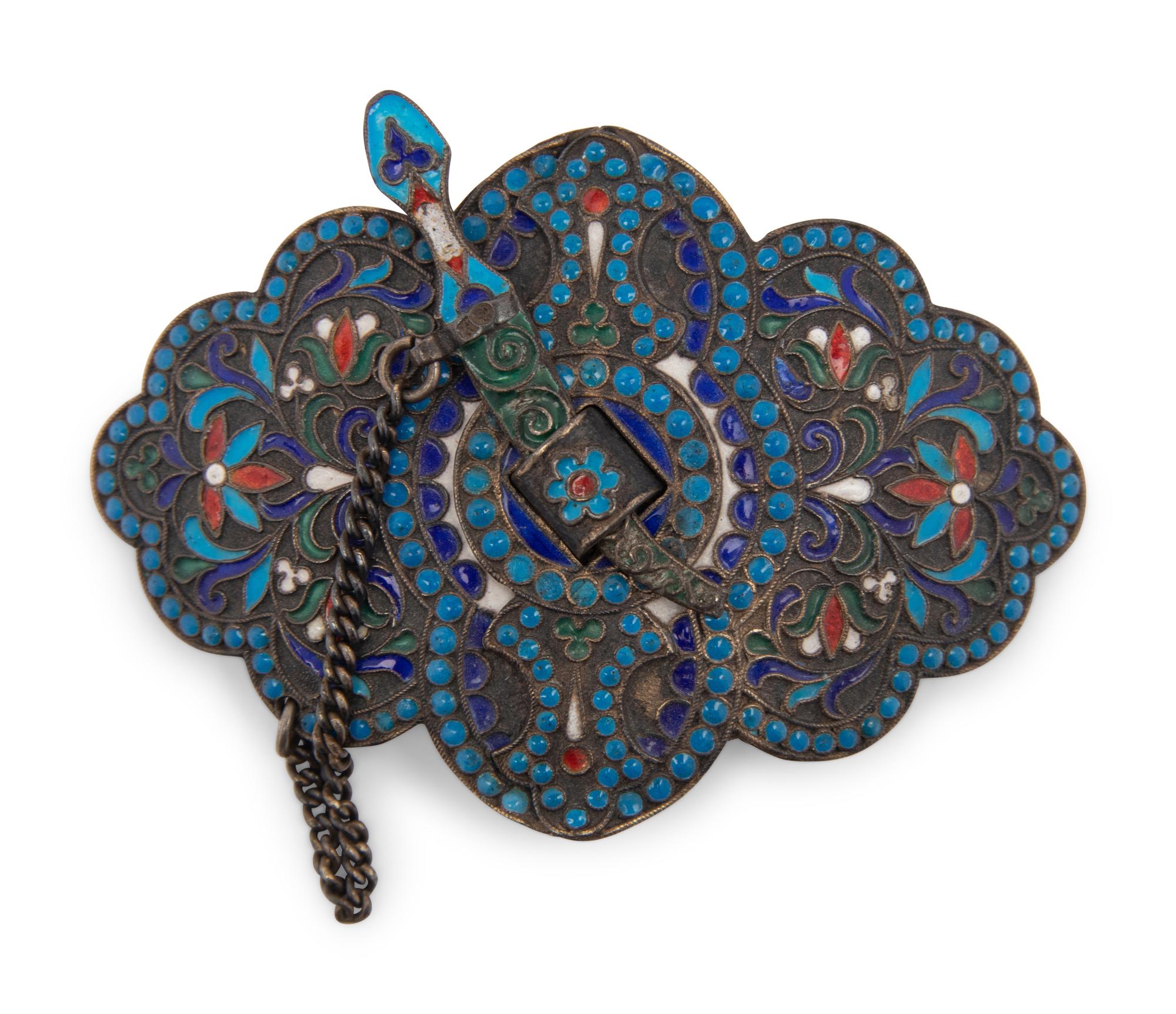 A Russian Enameled Silver Box, Two Buckles and a Scent Flask