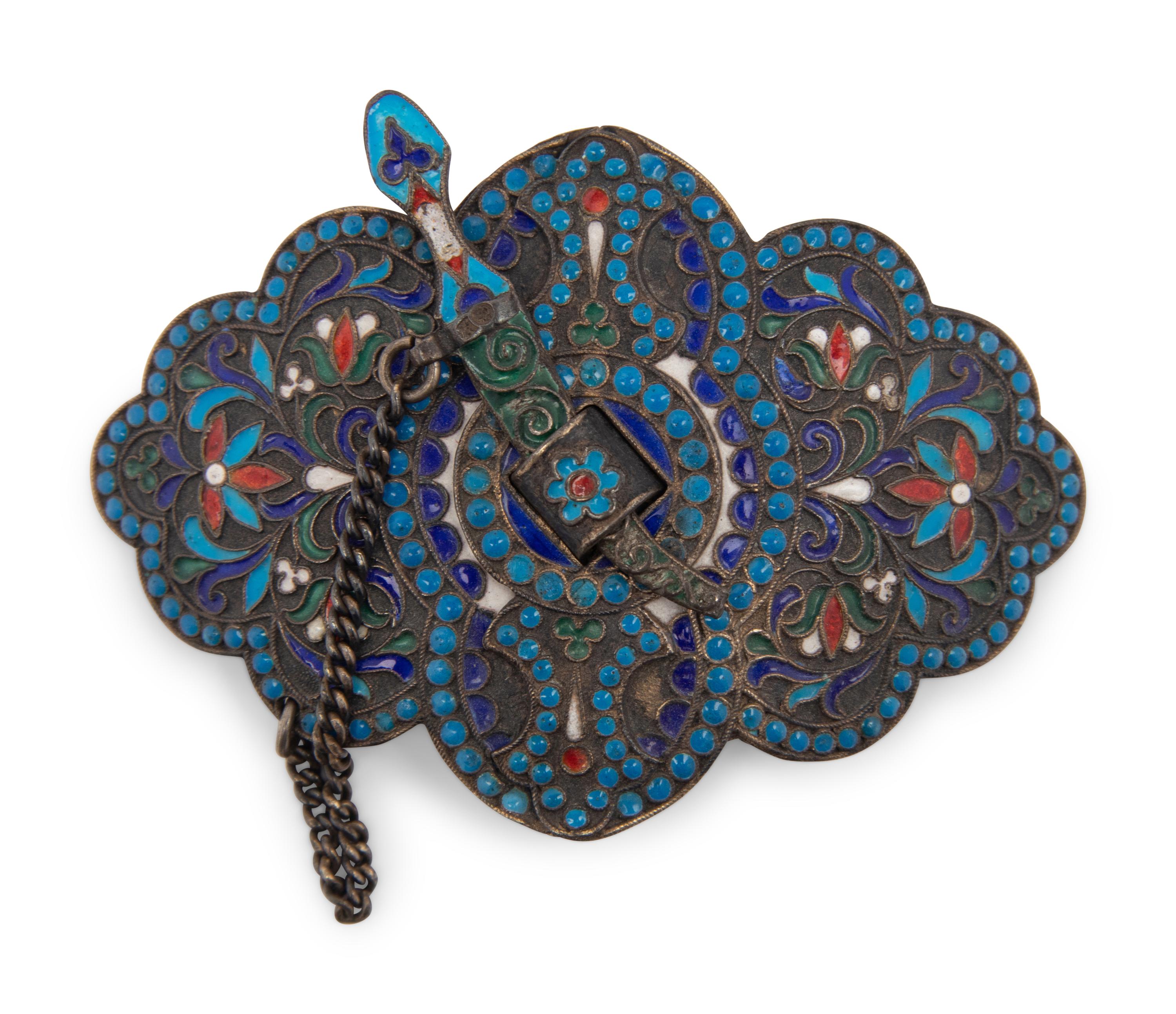 A Russian Enameled Silver Box, Two Buckles and a Scent Flask