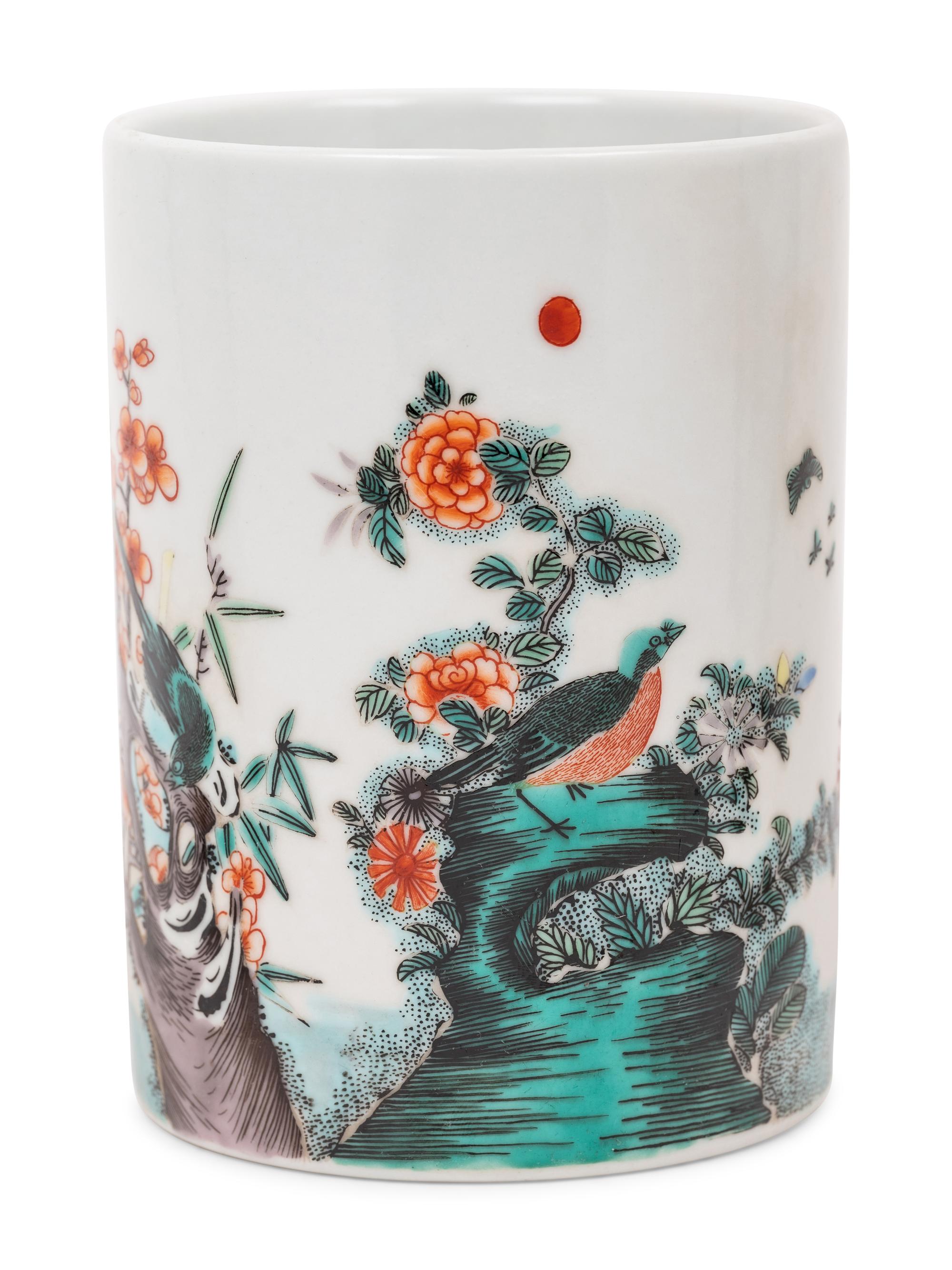 A Pair of Chinese Export Famille Verte Porcelain Plates and A Famille Verte Brushpot