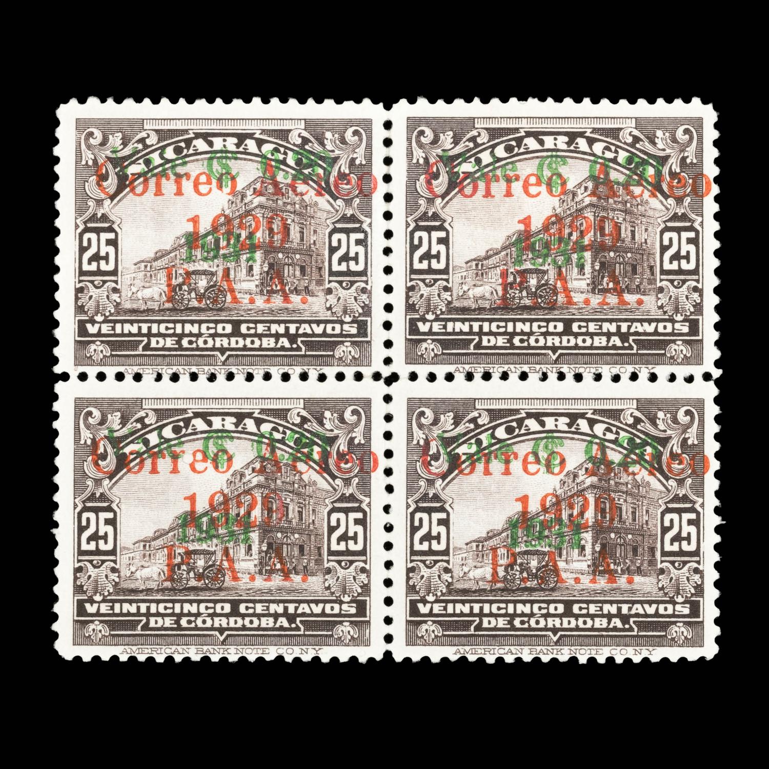 [SURCHARGE ERROR] NICARAGUA. Airmail. 1932. 20c on 25c. Black Brown (#C13)), Block of Four, Full Offset of Green Surcharge on Reverse