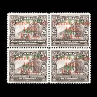 [SURCHARGE ERROR] NICARAGUA. Airmail. 1932. 20c on 25c. Black Brown (#C13)), Block of Four, Full Offset of Green Surcharge on Reverse
