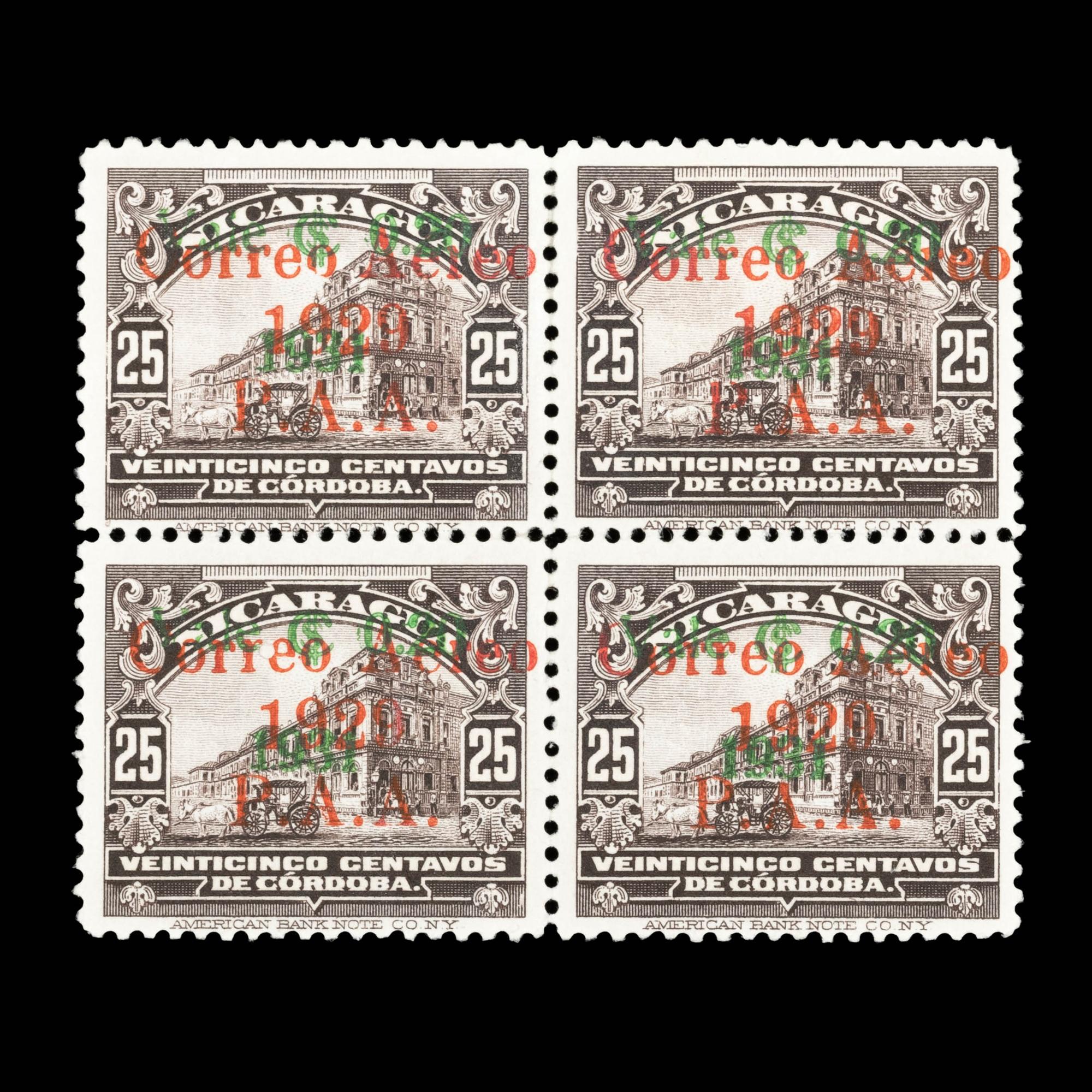 [SURCHARGE ERROR] NICARAGUA. Airmail. 1932. 20c on 25c. Black Brown (#C13)), Block of Four, Full Offset of Green Surcharge on Reverse