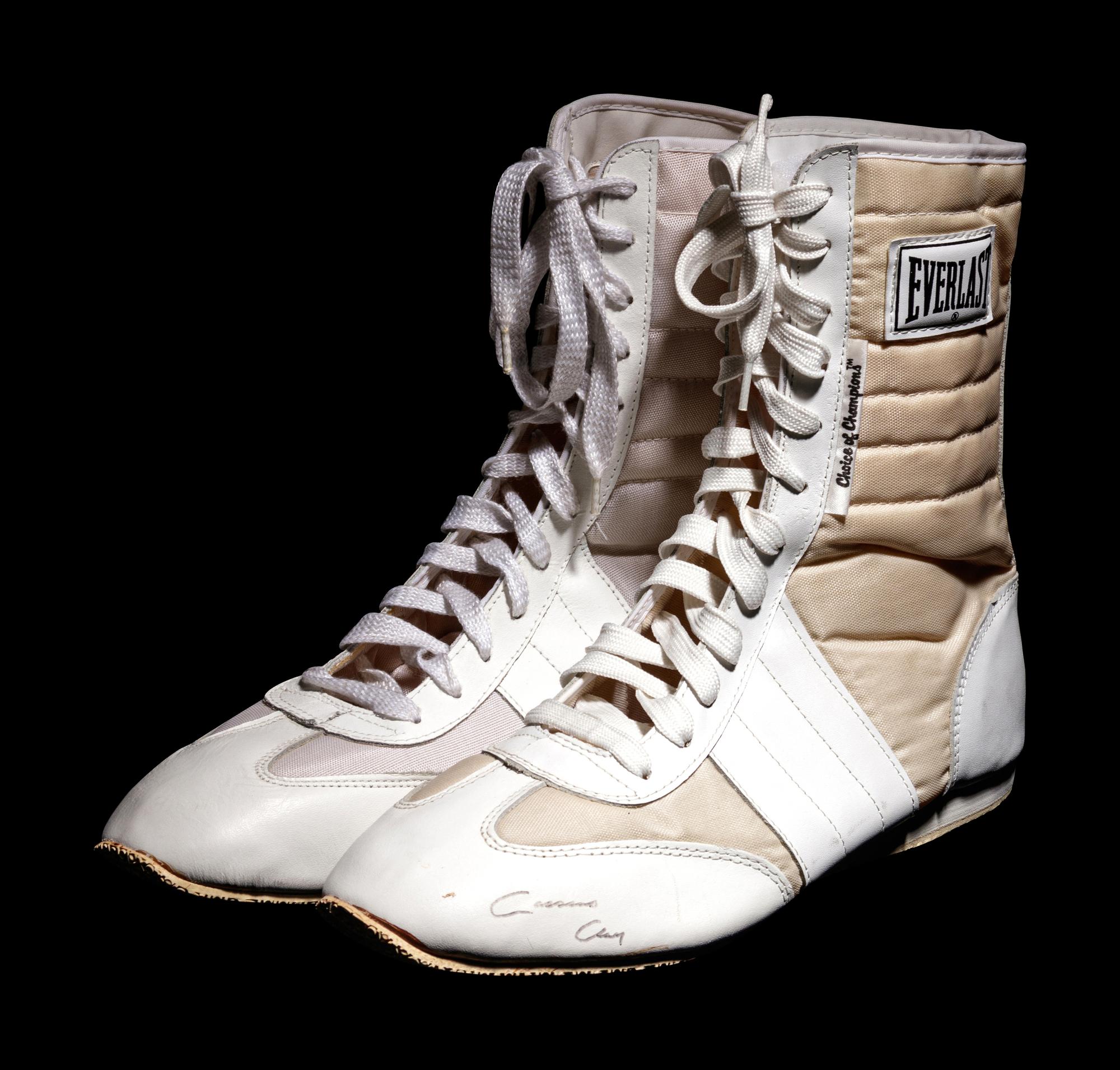 A Pair of Muhammad Ali / Cassius Clay Dual Signed White Everlast Boxing Shoes,