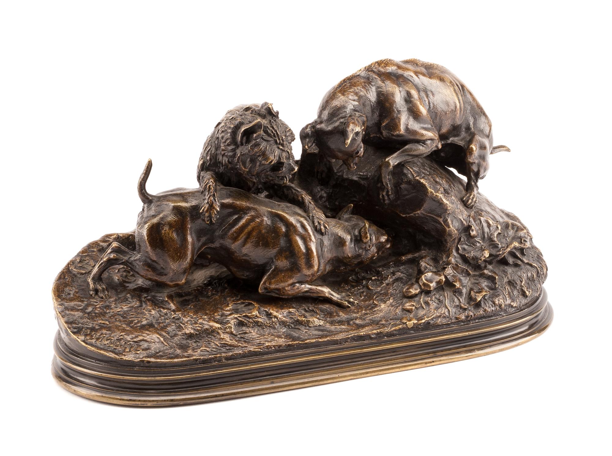 After Pierre-Jules Mene, (19th Century), Trois Chiens au Terrier, Chasse au Lapin