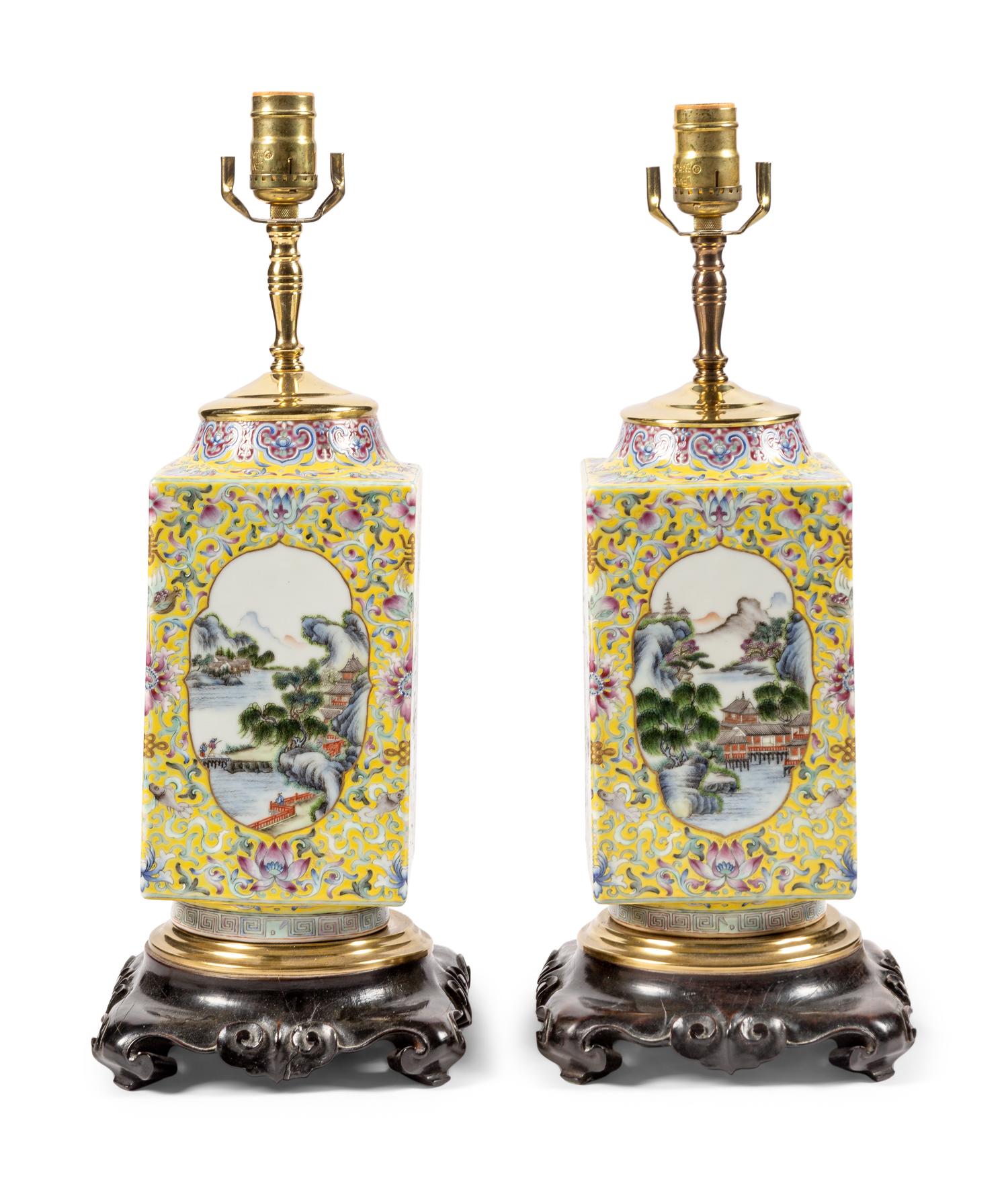 A Pair of Chinese Enameled Yellow-Ground Porcelain Jars Mounted as Lamps