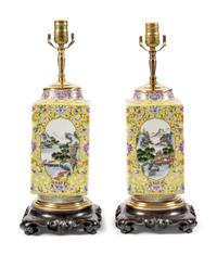 A Pair of Chinese Enameled Yellow-Ground Porcelain Jars Mounted as Lamps