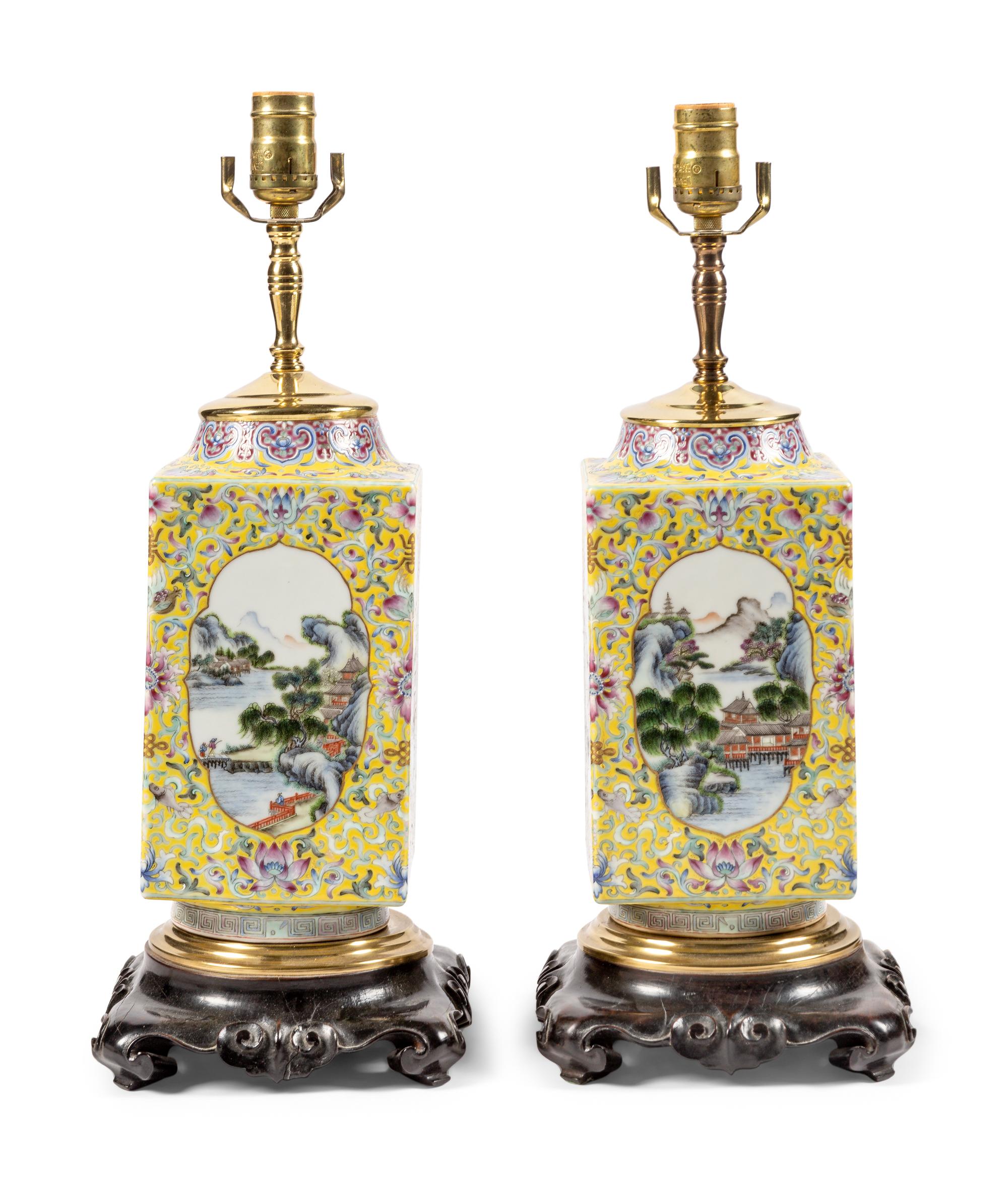A Pair of Chinese Enameled Yellow-Ground Porcelain Jars Mounted as Lamps