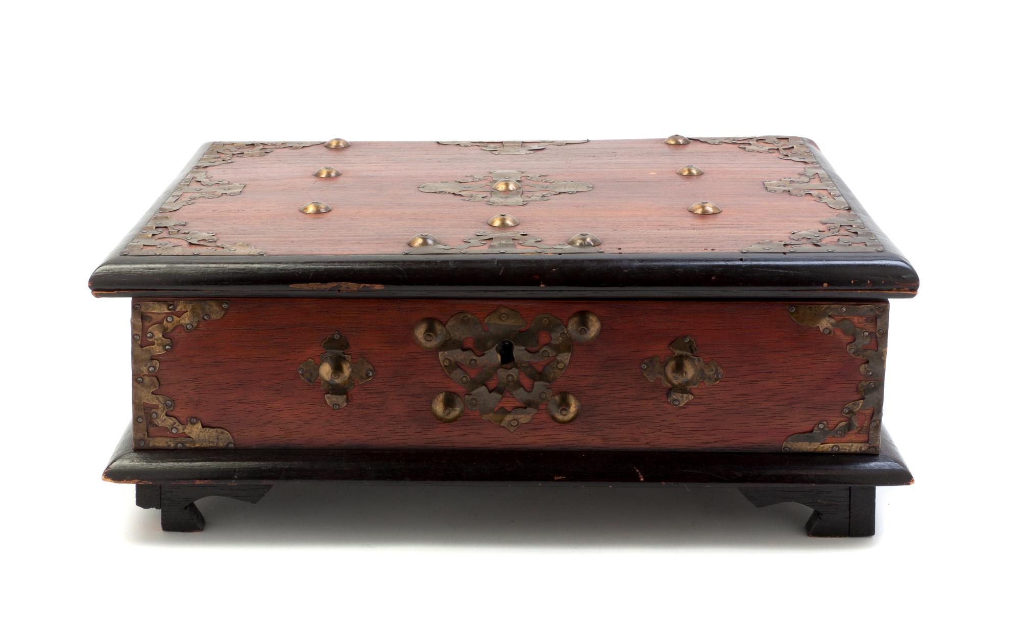A Brass Inset Table Casket or Bible Box, Width 16 7/8 inches.