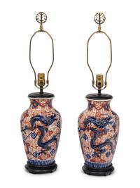 A Pair of Imari Palette Porcelain Vases Mounted as Lamps