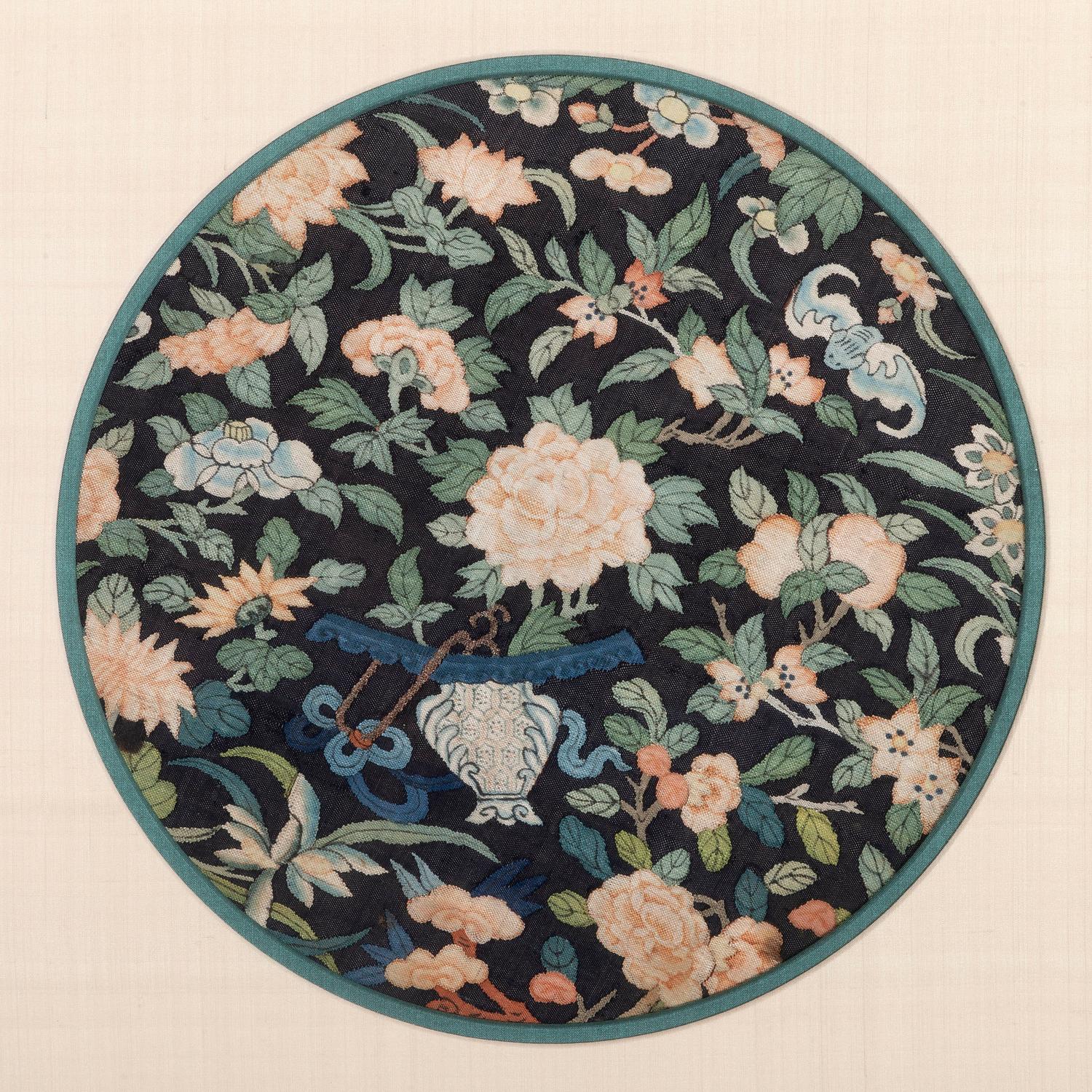 Four Blue Ground Kesi Woven Silk Circular Panels