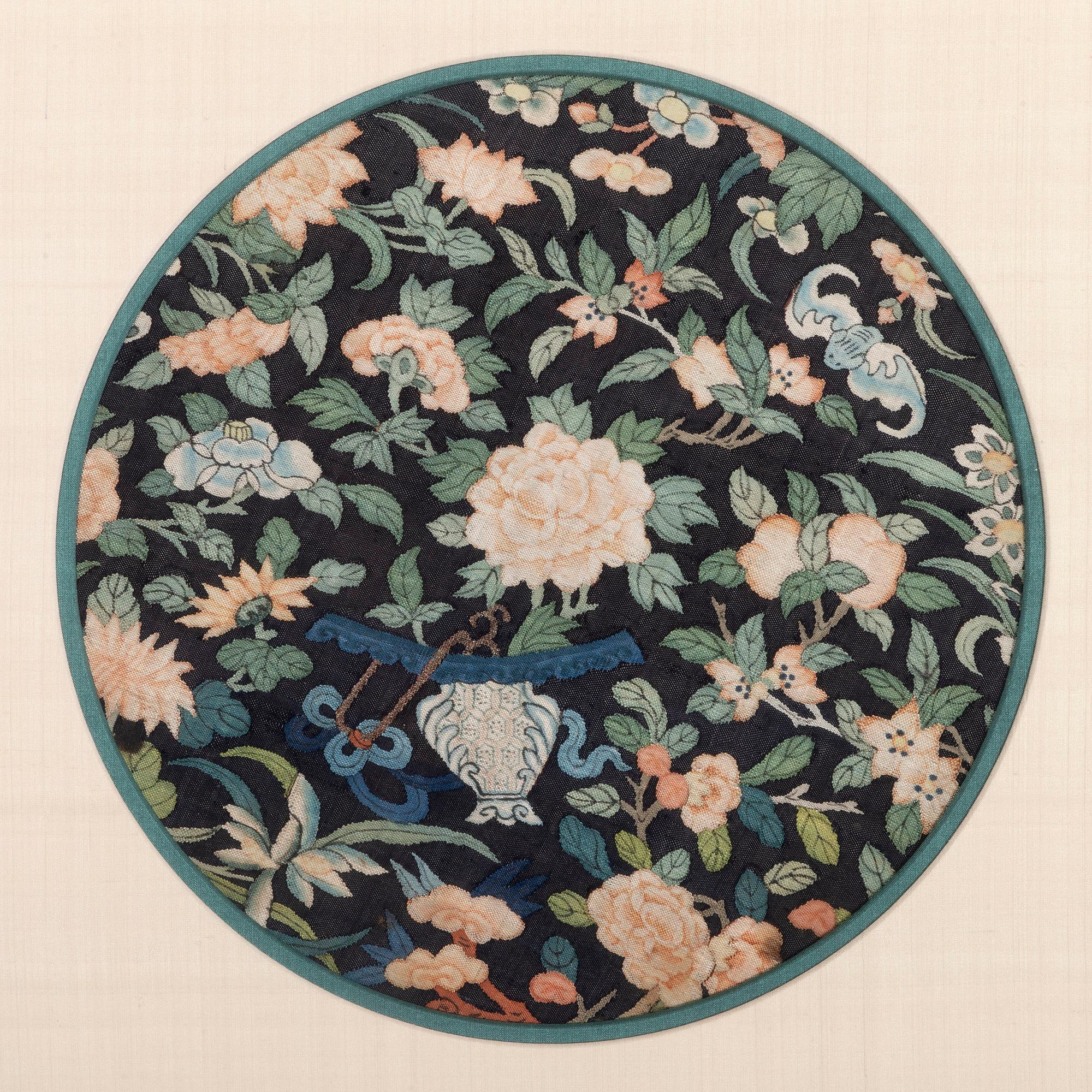 Four Blue Ground Kesi Woven Silk Circular Panels