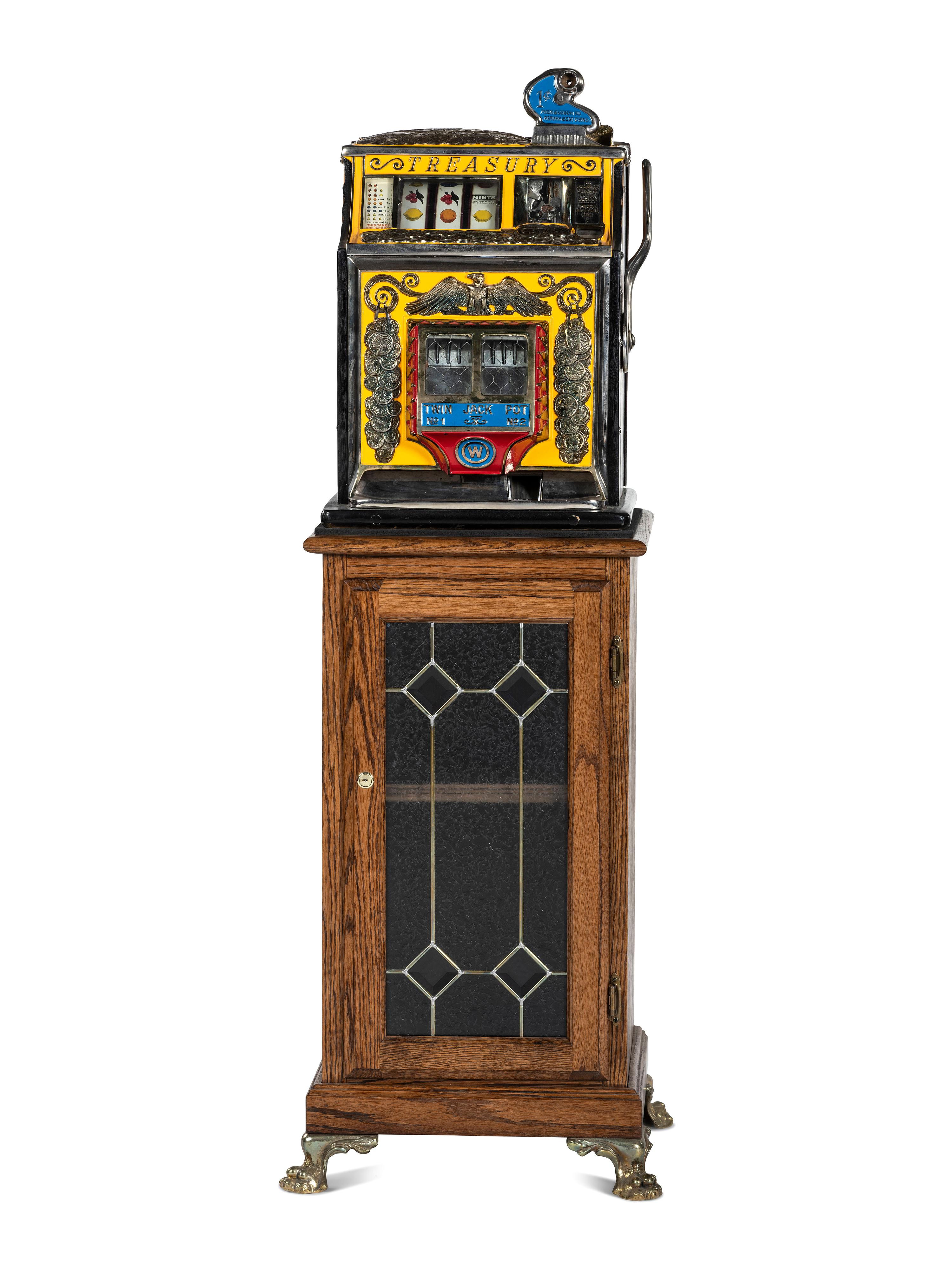 A 1 Cent Treasury Twin Jackpot Slot Machine on Stand
