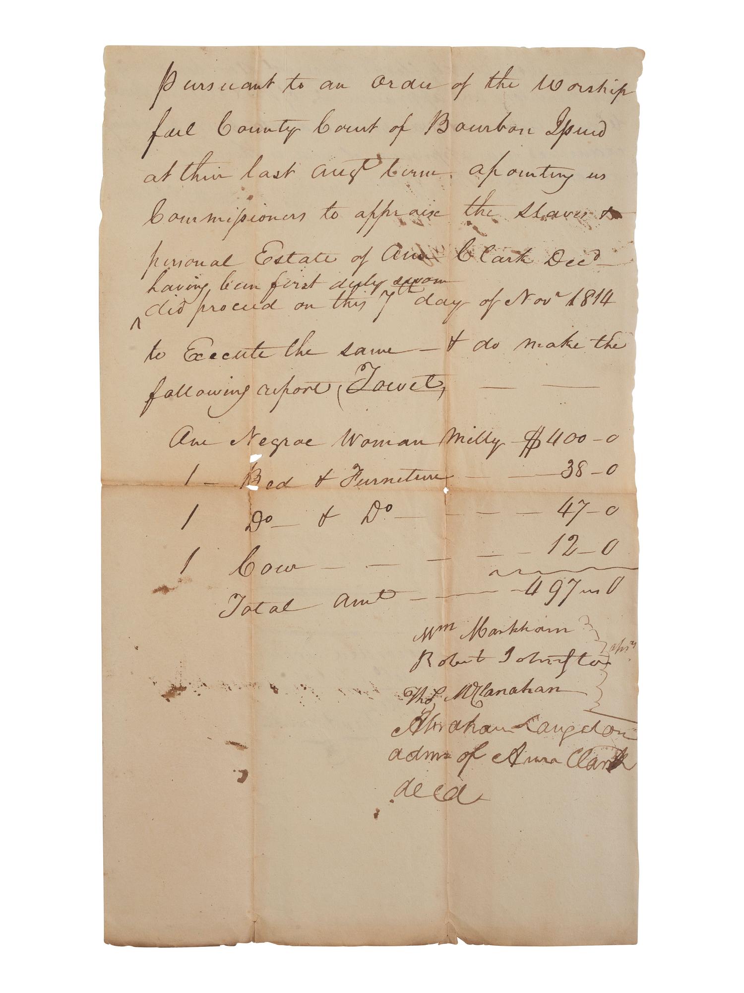 [ENSLAVEMENT & ABOLITION]. A group of 6 estate documents listing individual enslaved persons, most by name. Bourbon County, KY, 1815-1829.