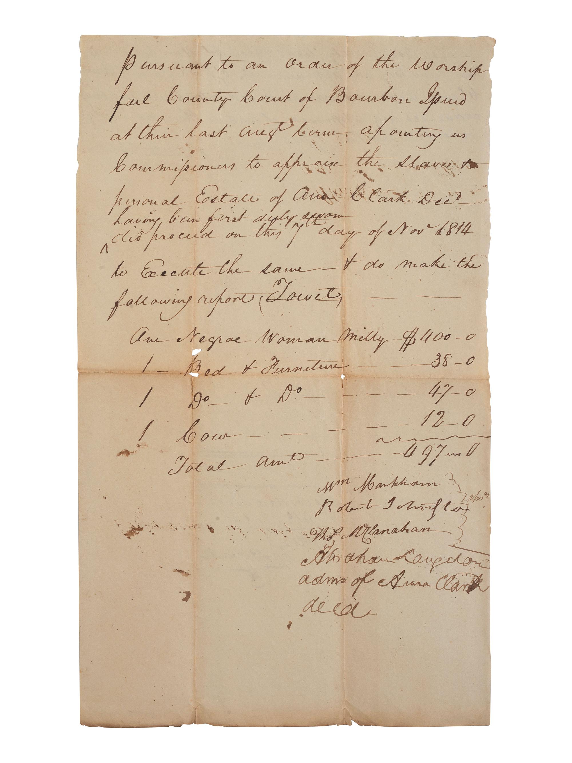 [ENSLAVEMENT & ABOLITION]. A group of 6 estate documents listing individual enslaved persons, most by name. Bourbon County, KY, 1815-1829.
