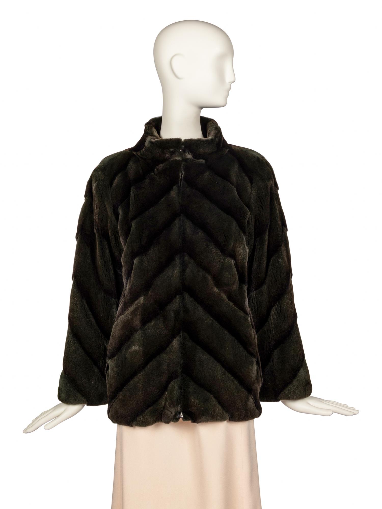 Carolina Herrera Plucked Mink Dark Green Jacket, 1980-90s