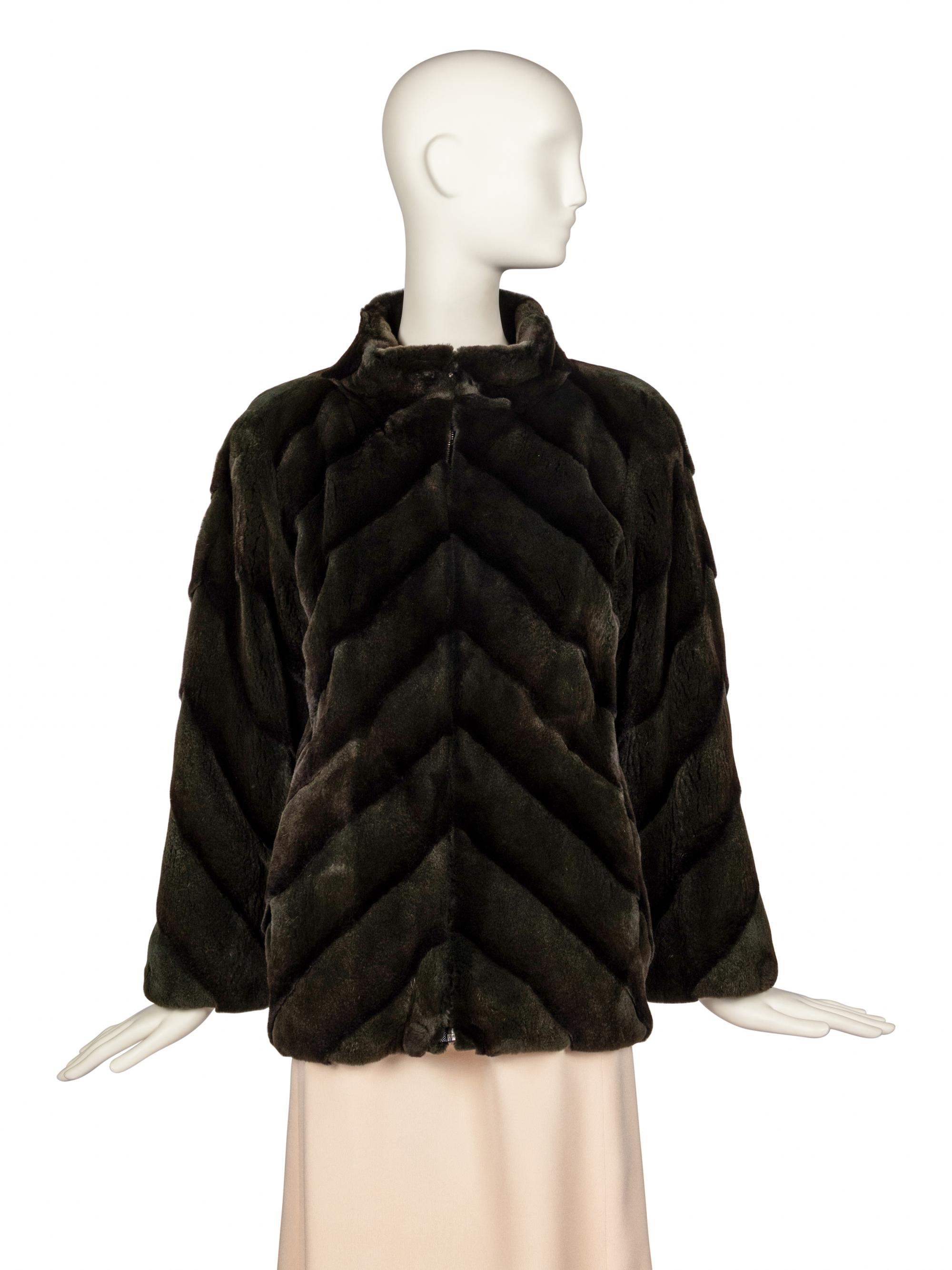 Carolina Herrera Plucked Mink Dark Green Jacket, 1980-90s