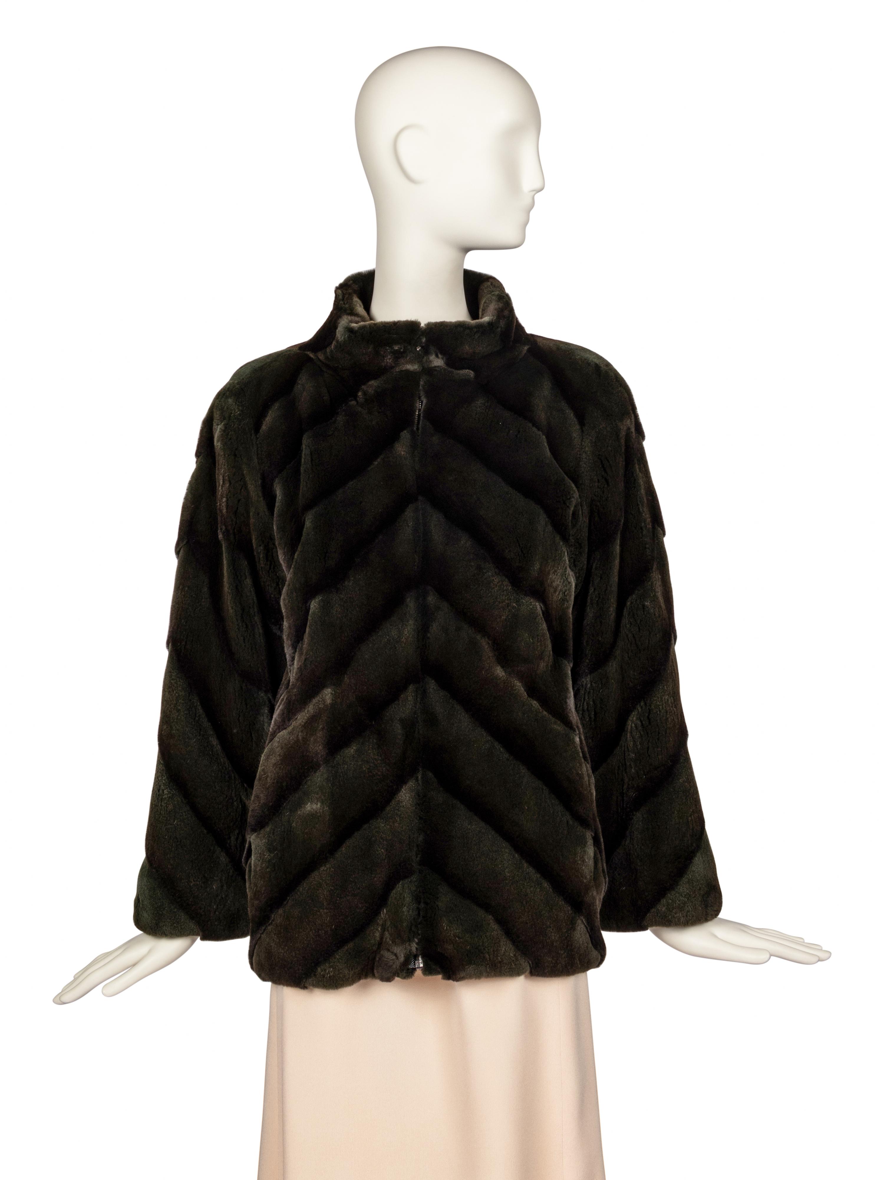 Carolina Herrera Plucked Mink Dark Green Jacket, 1980-90s