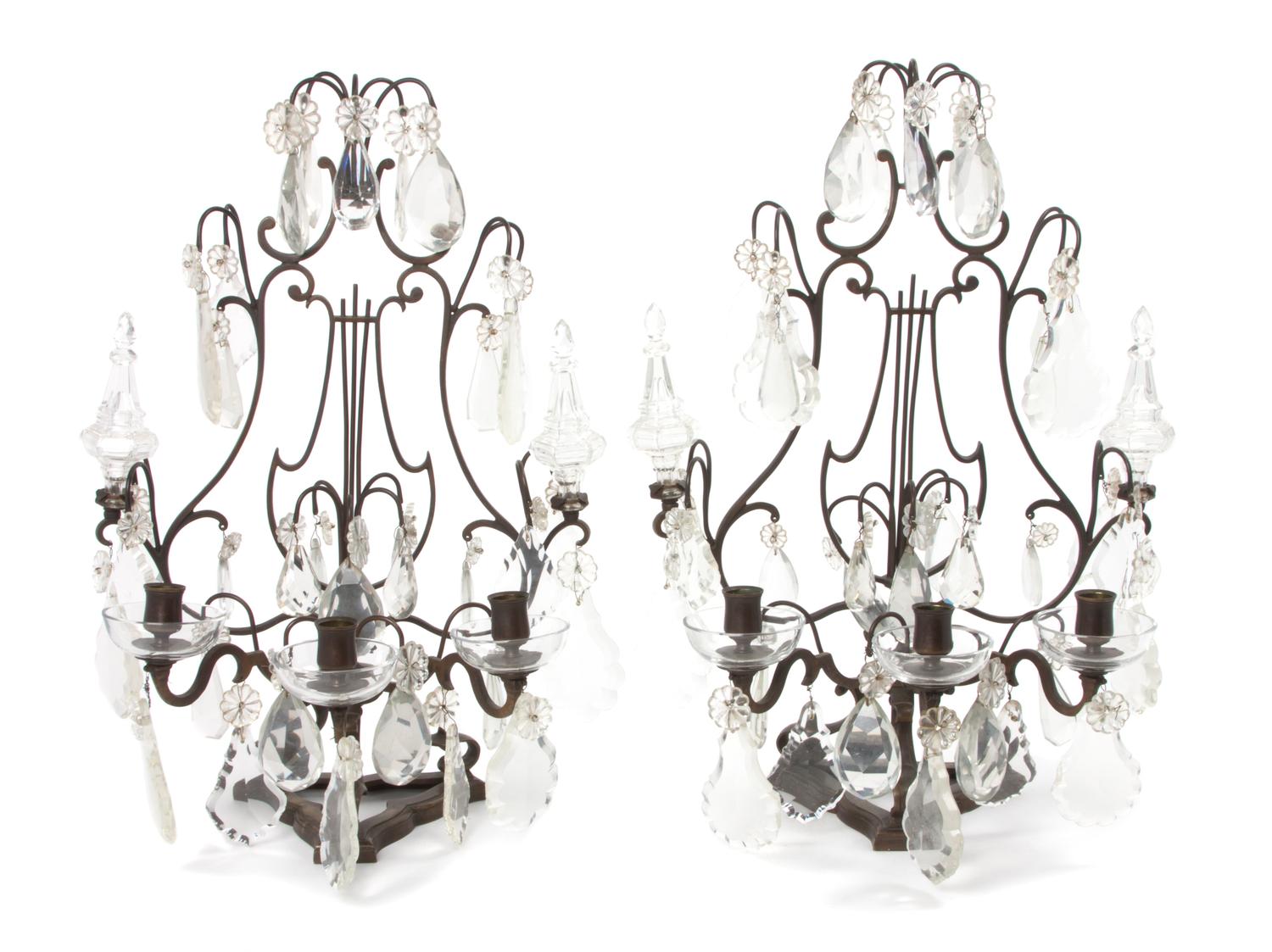 A Pair of English Lyre-Form Three-Light Girandoles Height 20 1/4 x width 14 1/2 inches.