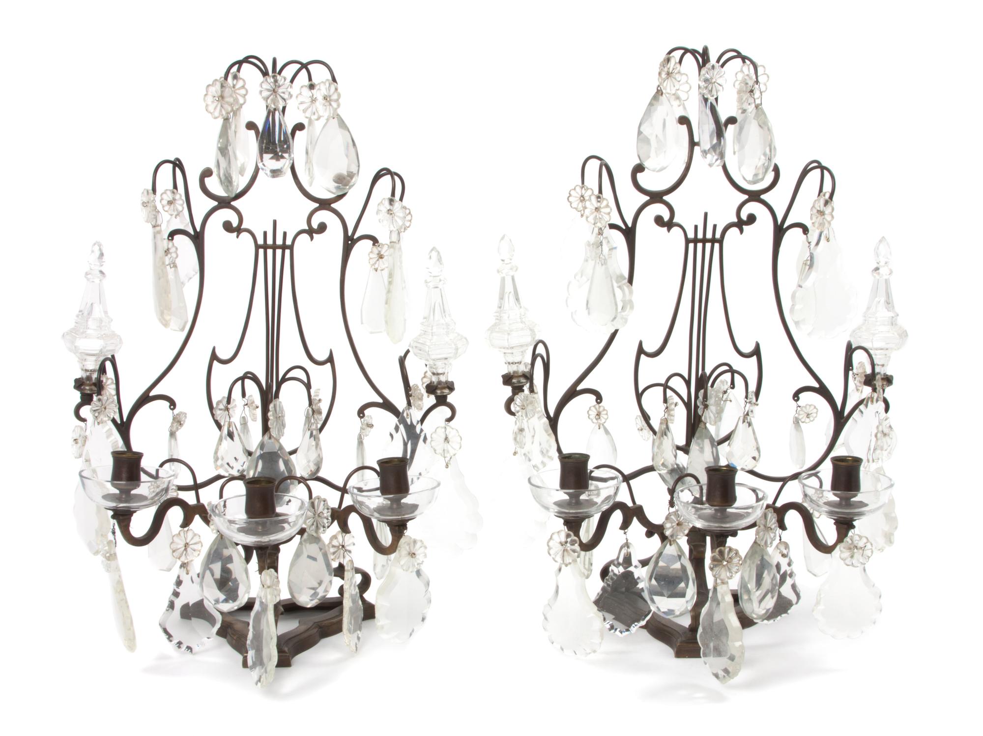 A Pair of English Lyre-Form Three-Light Girandoles Height 20 1/4 x width 14 1/2 inches.