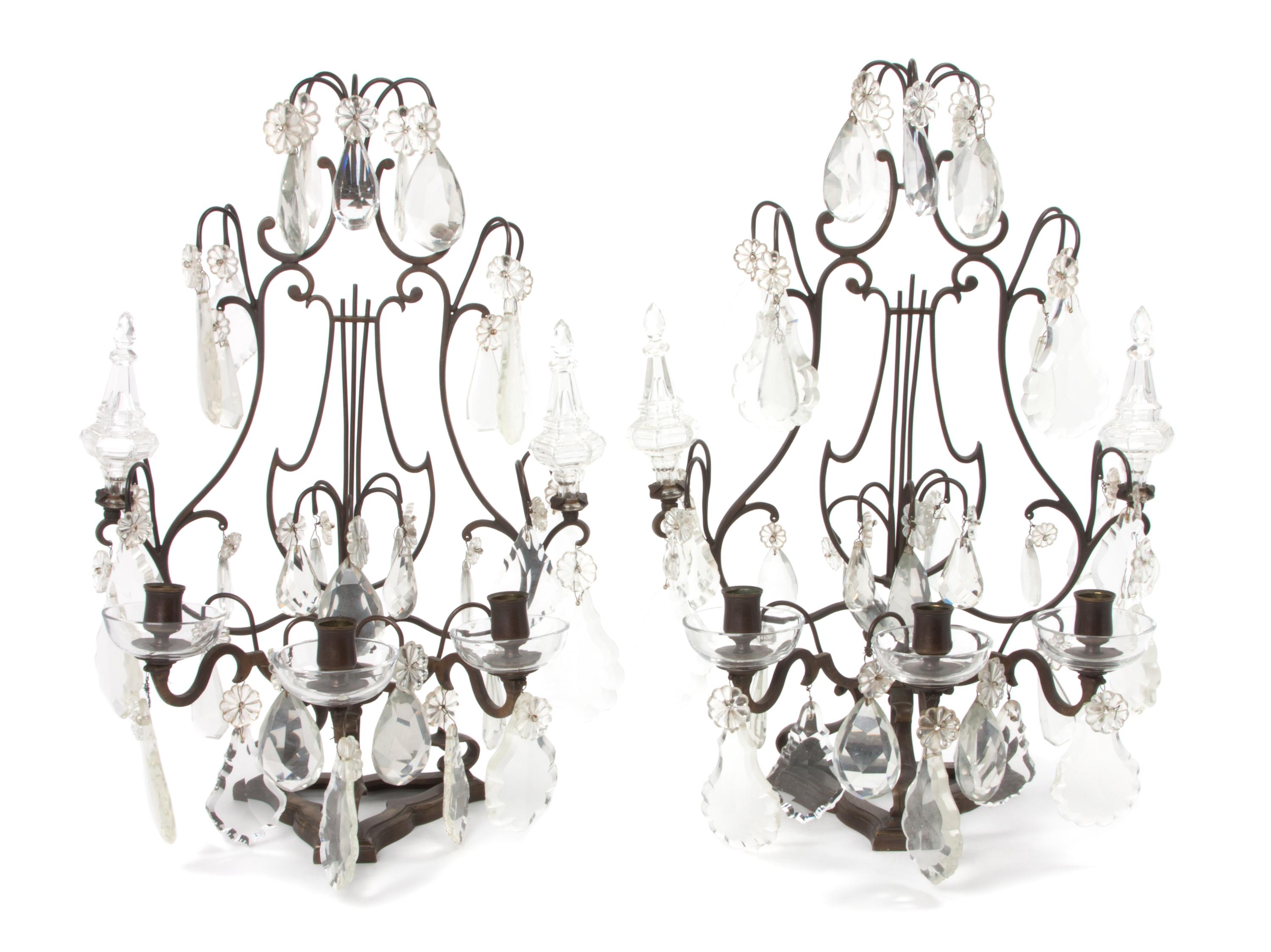 A Pair of English Lyre-Form Three-Light Girandoles Height 20 1/4 x width 14 1/2 inches.