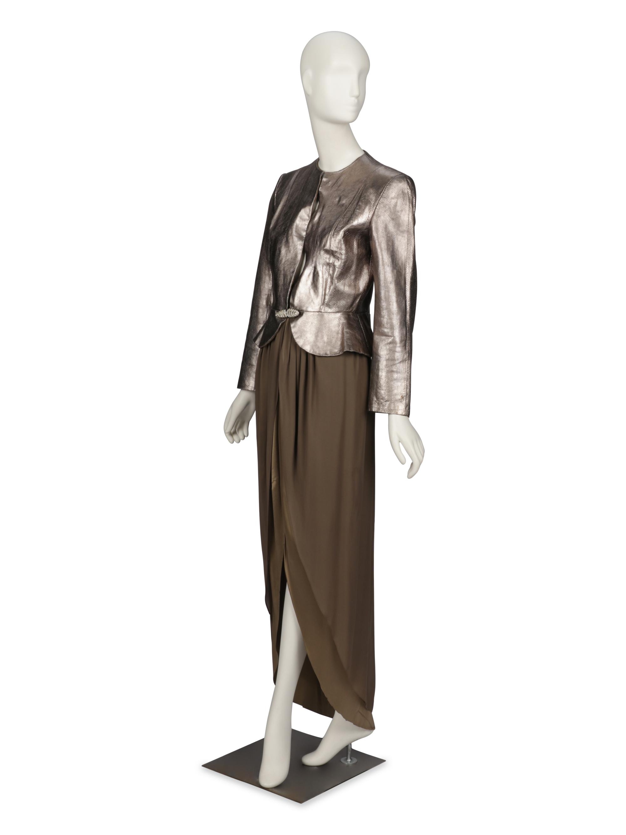 BILL BLASS, SILVER SNAKESKIN JACKET & SILK DRESS