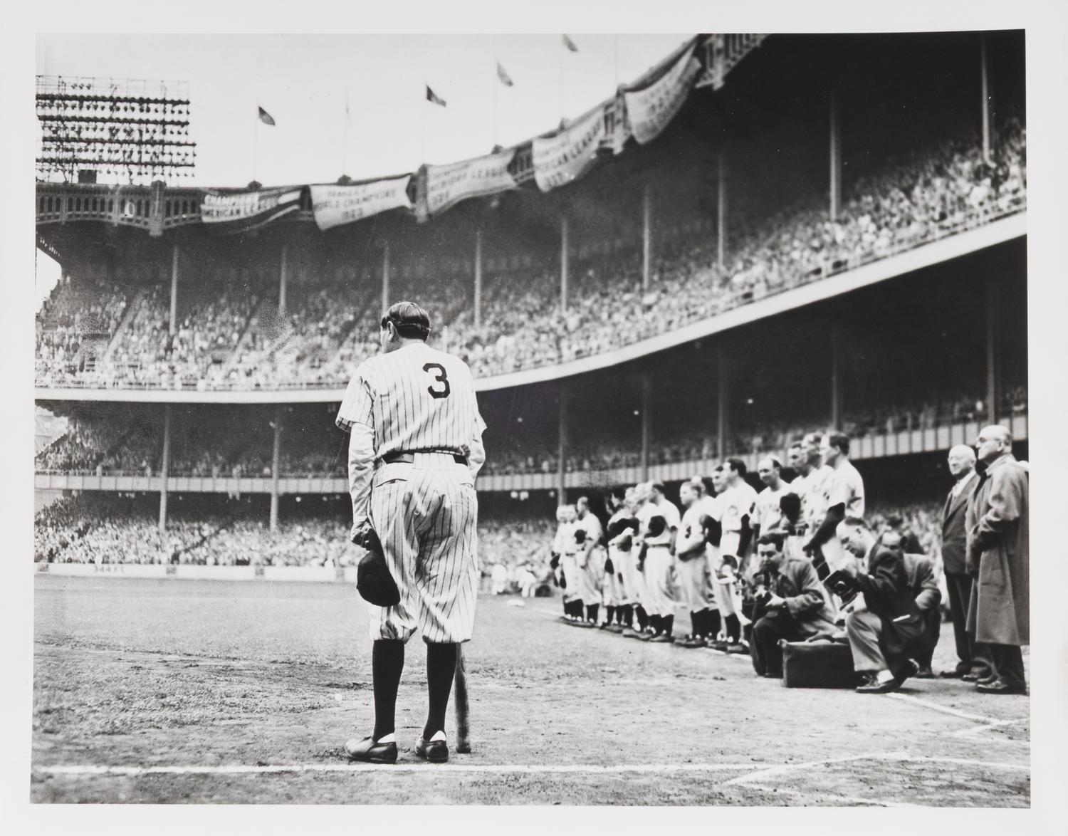 Babe Ruth ( Babe Ruth from behind in baseball uniform ), 1948; printed later