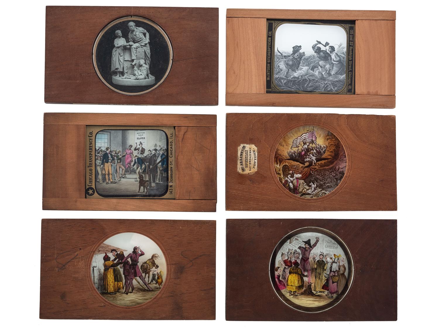 [CIVIL WAR - MAGIC LANTERN SLIDES]. A collection of magic lantern slides depicting enslaved people, Civil War battles, and caricatures, including: